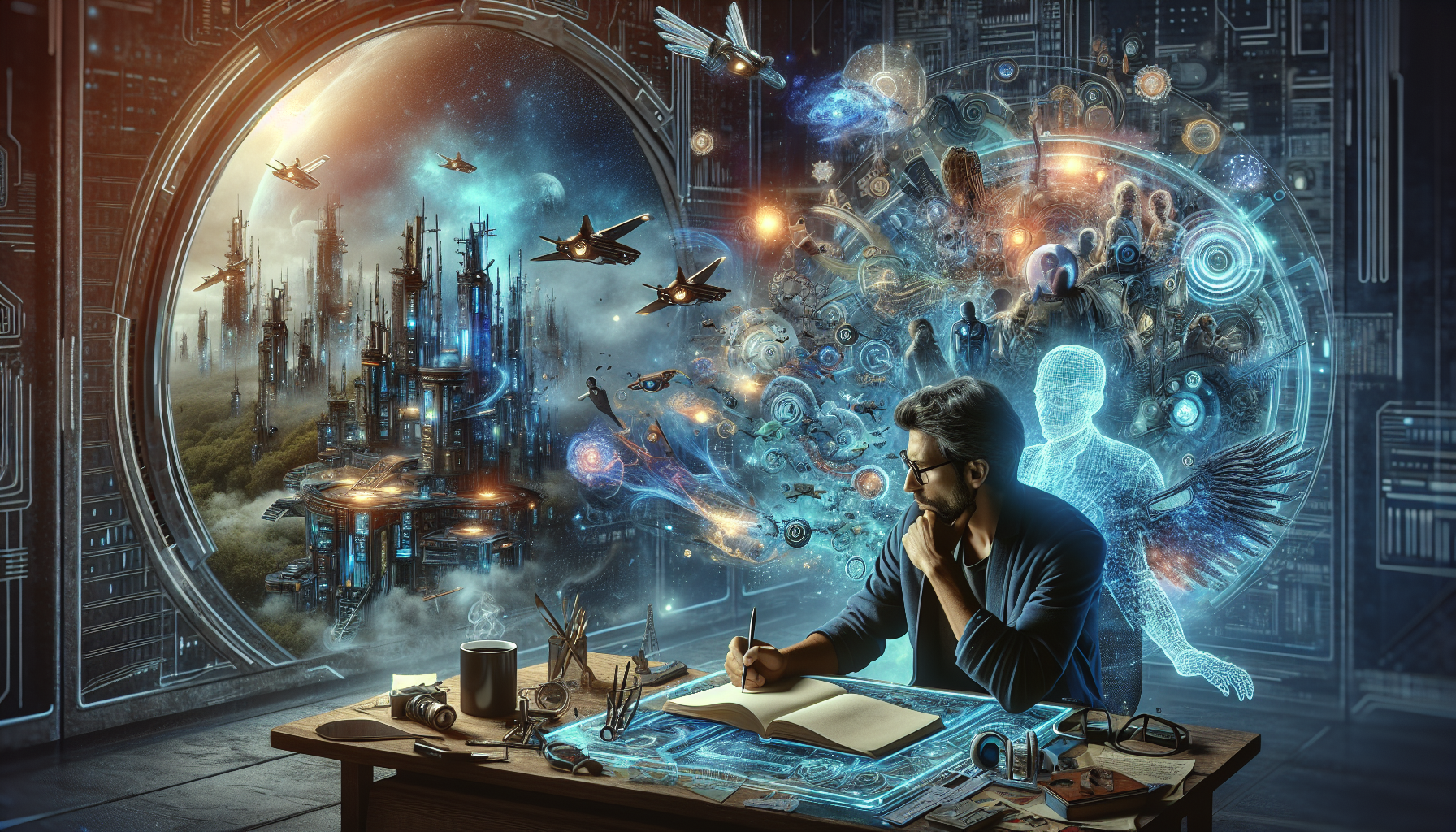 Create an image of a futuristic writer sitting at a holographic desk, surrounded by floating, glowing story elements like characters, settings, and plot lines. In the background, an alien cityscape wi