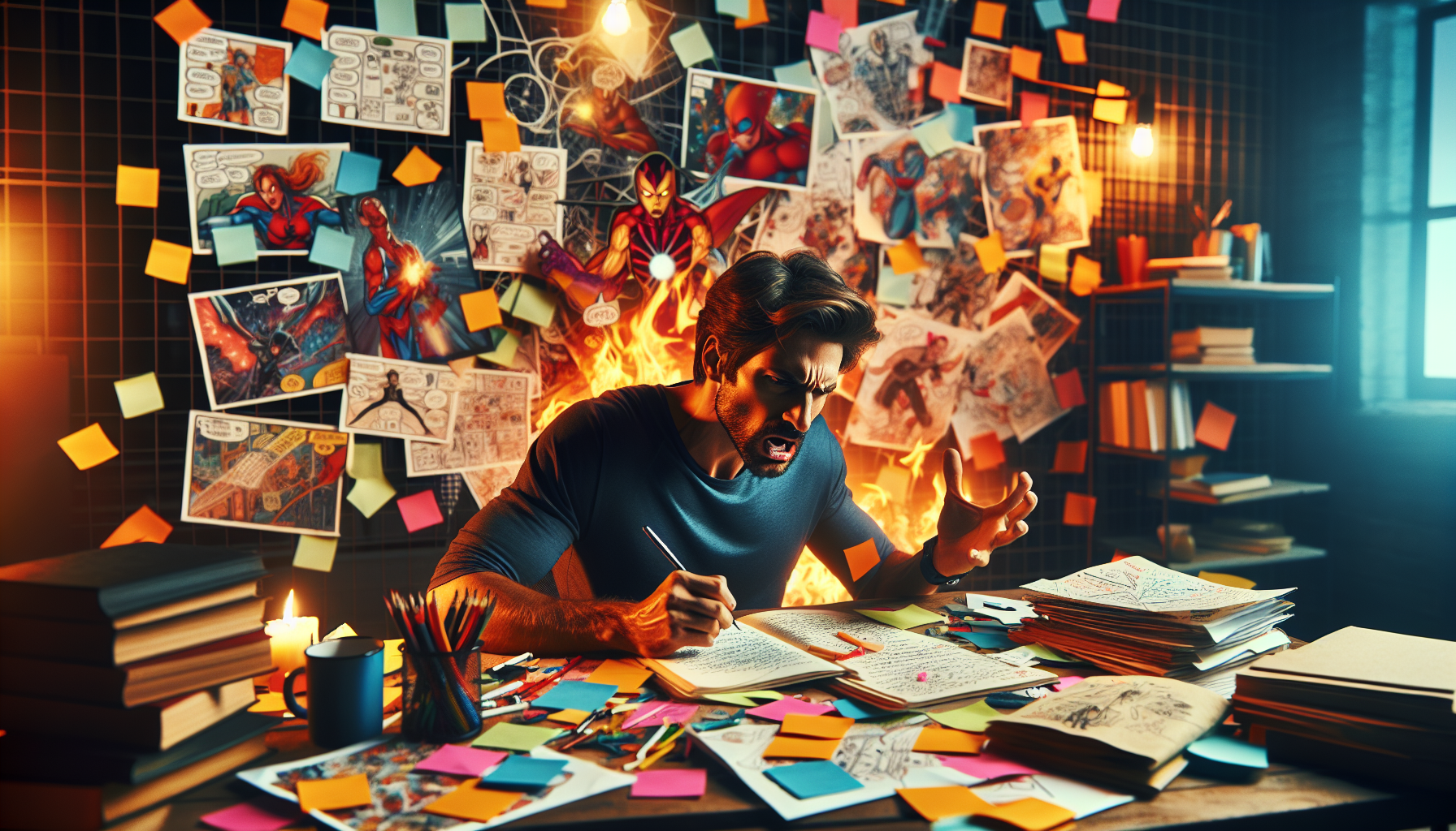 Create an image of a writer sitting at a desk in a cozy, dimly-lit room, surrounded by piles of comic books, storyboards, and sticky notes. The writer is deep in thought, scribbling notes on a screenp