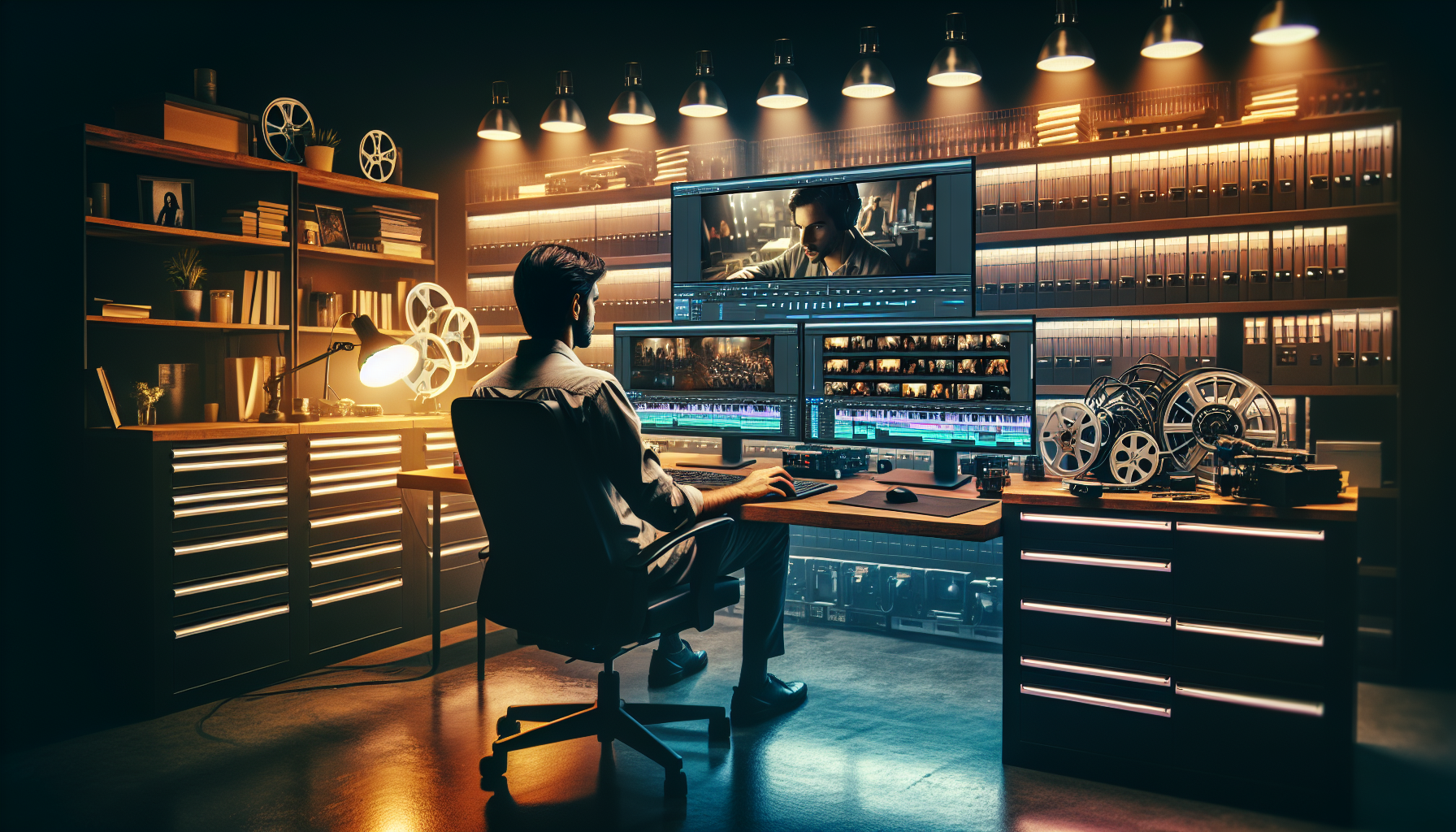 Create a behind-the-scenes image of a film editing room where an editor is intensely working on a high-end computer. The screens display various scenes from the Tribeca-featured film 'Bad Shabbos.' Th