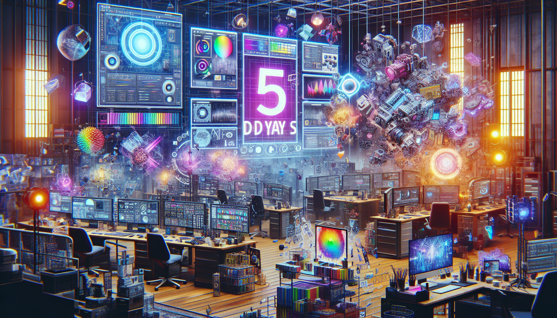 Create an image of a bustling digital artist's studio, featuring a high-tech workspace with multiple computer screens displaying various VFX software and creative projects in progress. Add dynamic ele