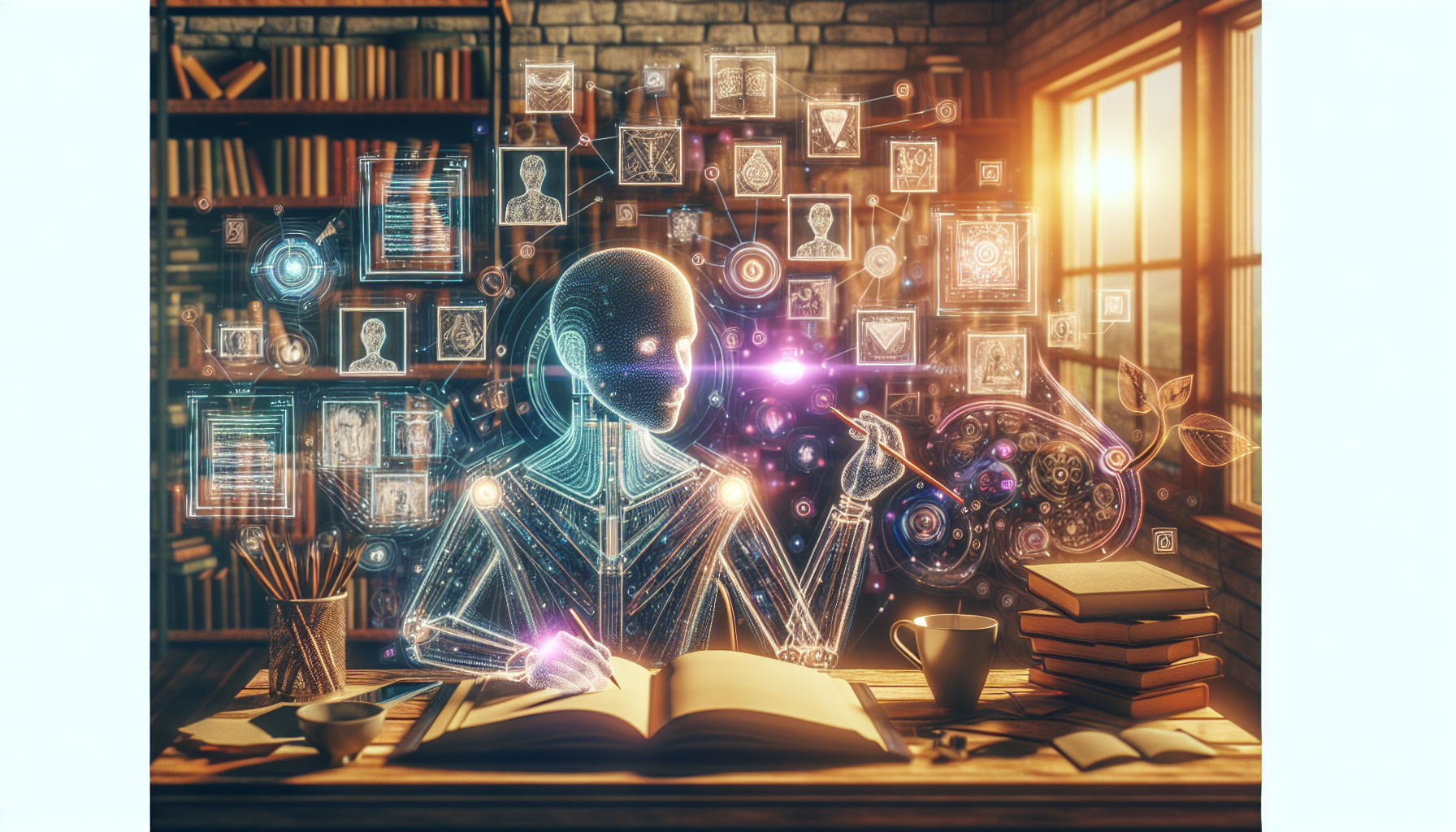 An artistic depiction of a futuristic writer's desk illuminated by a soft, ambient glow. On the desk, there are pages of intricate plot diagrams and character sketches, all designed with the help of a