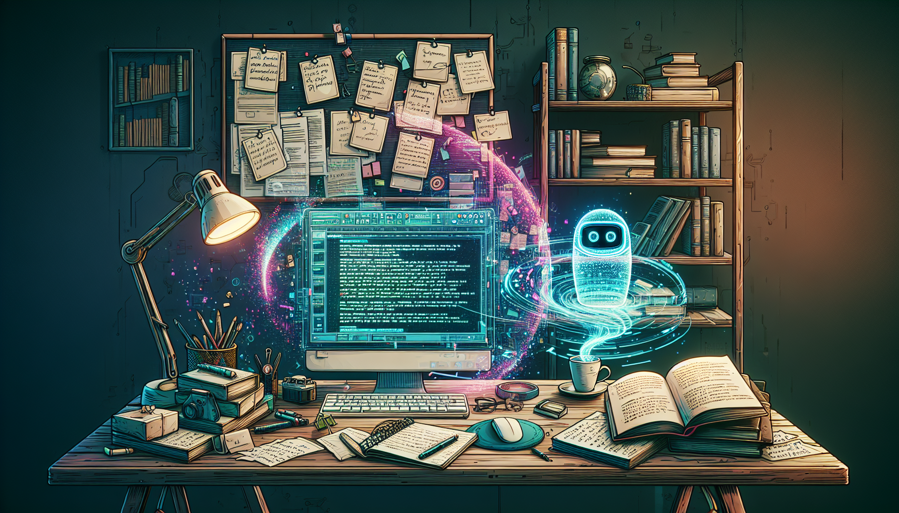 An image of a writer's desk with a computer displaying a scriptwriting software, illuminated by a soft, futuristic glow. Beside the desk, a holographic assistant powered by AI appears to be making sug