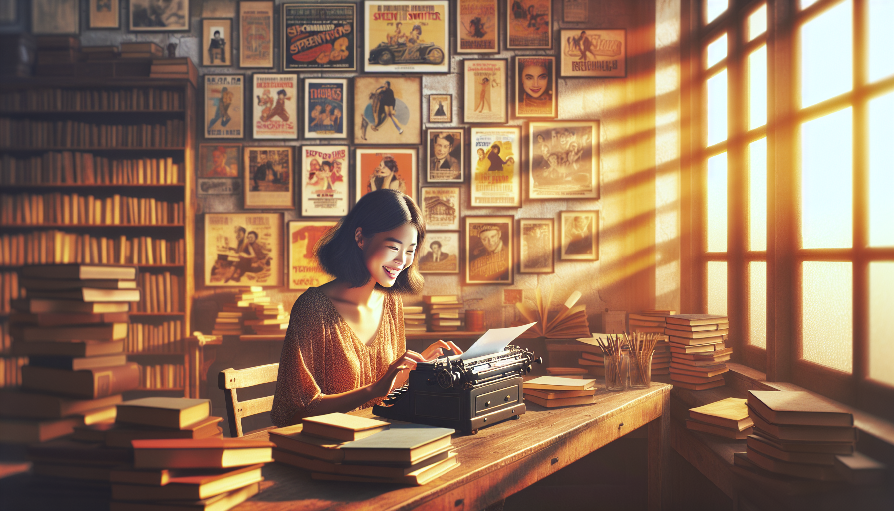 An inspiring image of an enthusiastic young screenwriter sitting at an antique desk in a cozy, sunlit room filled with books, typing away on an old typewriter, with a wall of movie posters in the background illustrating classic and contemporary films.