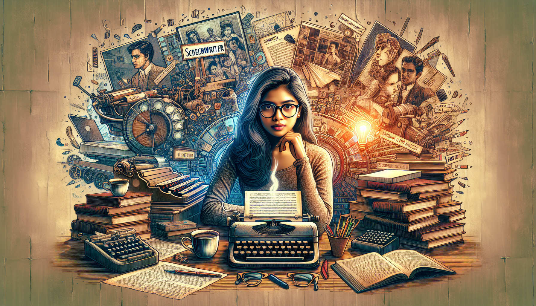 An image of a determined young screenwriter, glasses perched on her nose, sitting in a cozy, book-lined studio with a vintage typewriter and a glowing laptop open to a screenwriting software, surrounded by iconic film posters and a steaming cup of coffee, deeply engrossed in crafting her first screenplay.