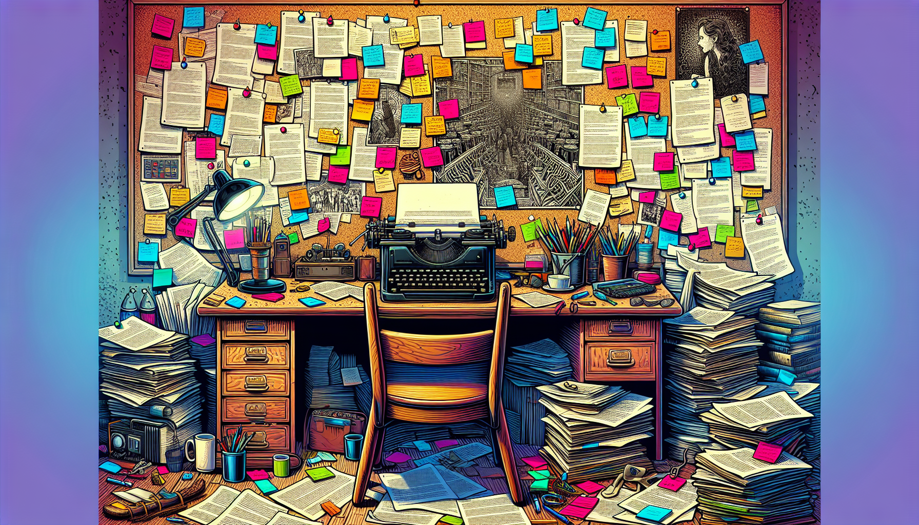 An artistically cluttered writer's desk, overflowing with script drafts, colorful post-it notes, and an old typewriter, with a cork board in the background filled with plot diagrams and character sketches, in a cozy, dimly-lit room.