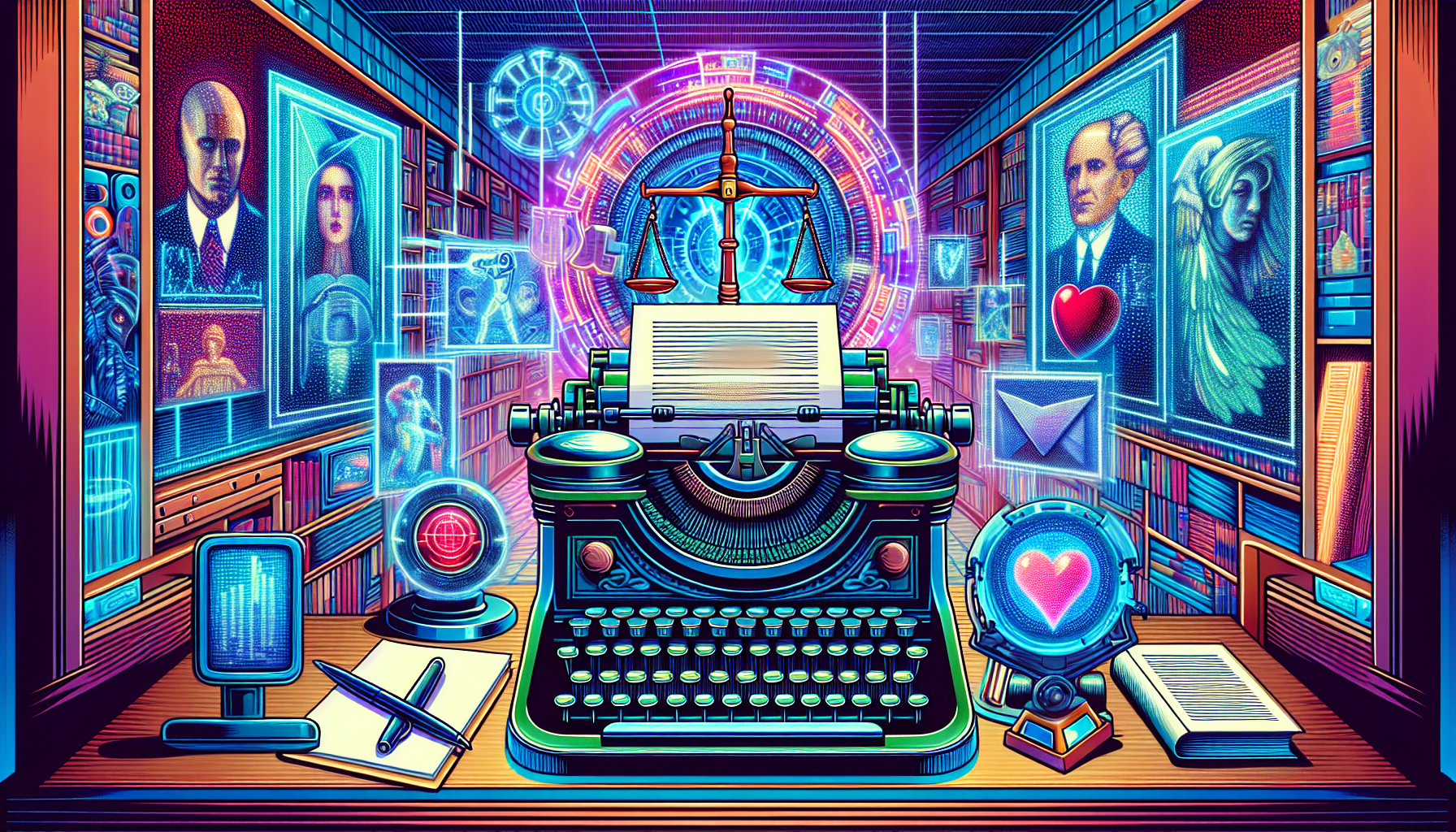 Create an illustration that depicts a movie script being typed on a futuristic typewriter powered by artificial intelligence, surrounded by holographic screens. One screen shows classic scenes from be