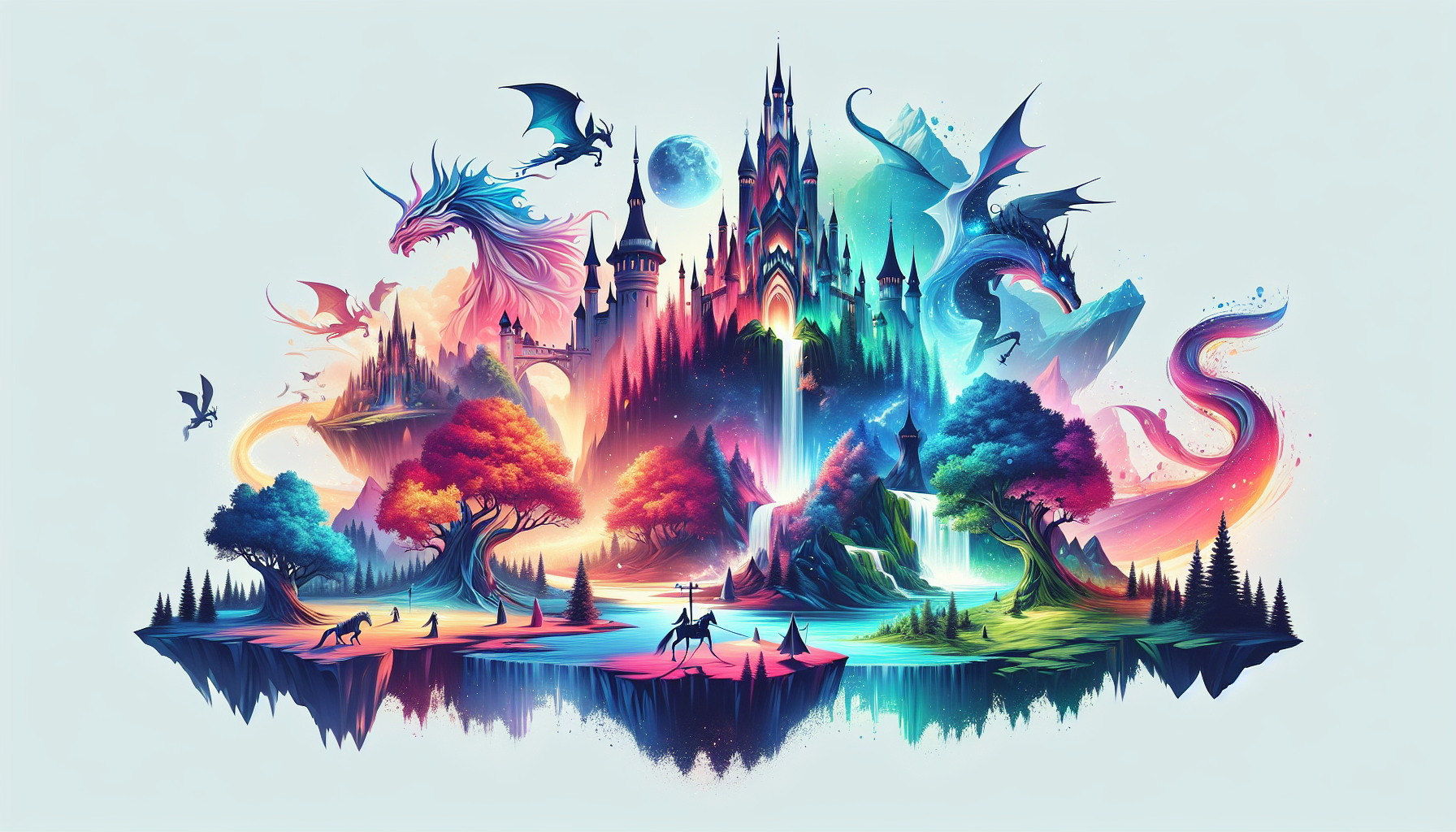 Create a vibrant and enchanting scene depicting elements from various fantasy films. Imagine a magical forest with towering medieval castles, mythical creatures like dragons and unicorns, and floating