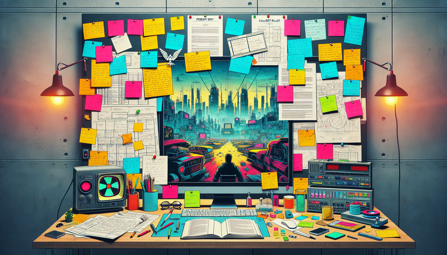 Create an image of a television scriptwriter's workspace, filled with notes, storyboards, and vibrant sticky notes detailing scenes for a TV show about a post-apocalyptic world. Highlight the title 'F