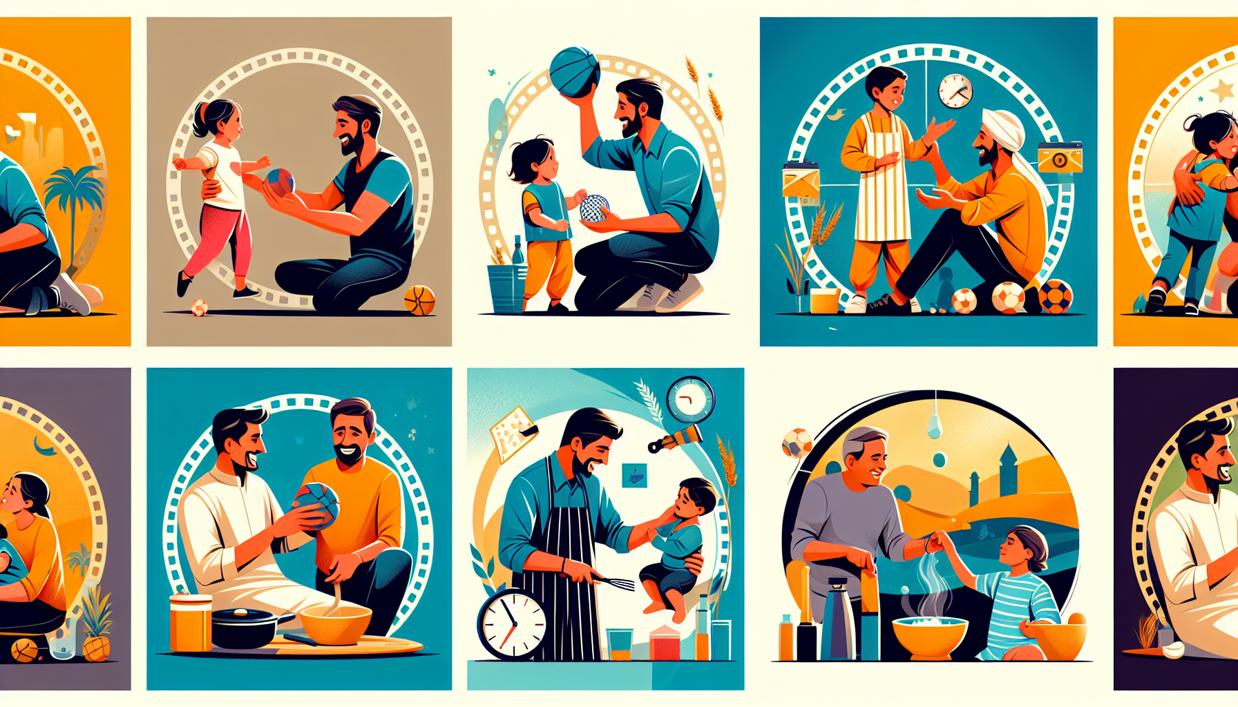 Create a vibrant illustration showcasing various scenes of fatherhood from different movies. Include diverse fathers and children engaging in memorable and heartwarming activities, such as playing cat