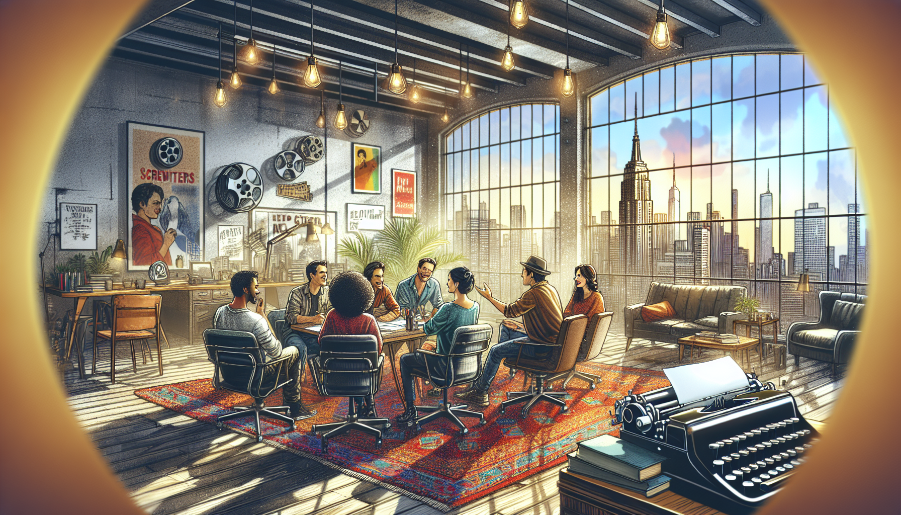 An artistic depiction of a cozy writer's workshop filled with diverse screenwriters passionately discussing ideas, surrounded by movie posters and typewriters, in a brightly lit modern loft with large windows overlooking a bustling cityscape.