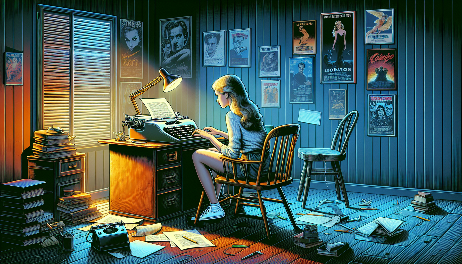 An imaginative digital illustration of a young, aspiring screenwriter sitting in a cozy, vintage study filled with movie posters on the walls, using the Movie Magic Screenwriter software on an old-style desktop computer, with the glow of the screen illuminating the room.