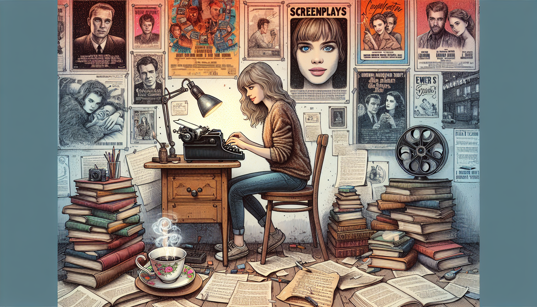 An artistic, cozy room filled with movie posters and screenplays scattered about, a young woman sits at an old wooden desk, typing intently on a vintage typewriter under a soft, glowing lamp, inspiration reflecting in her eyes, surrounded by books on film theory and a steaming cup of coffee by her side.