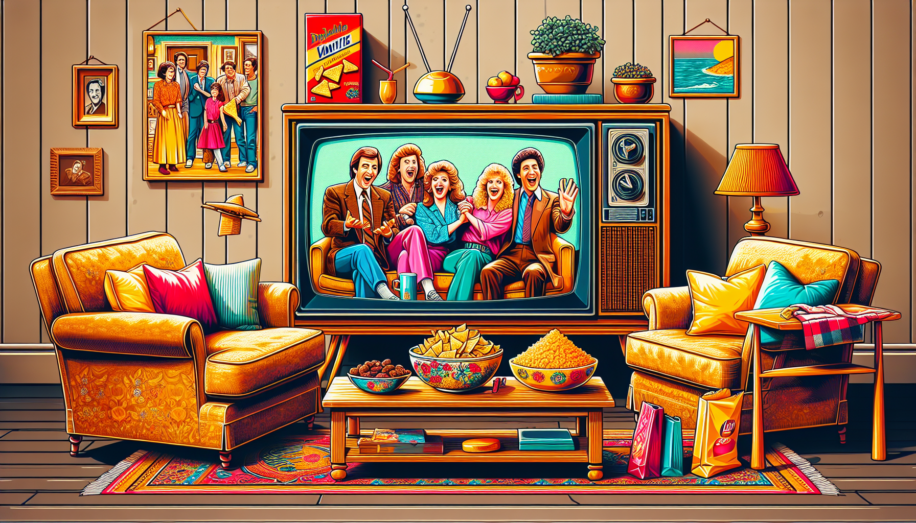 Create an image of a cozy living room scene from a classic American sitcom in the 1980s-1990s. Include a vintage television set displaying a cheerful family or friends group, with iconic sitcom elemen