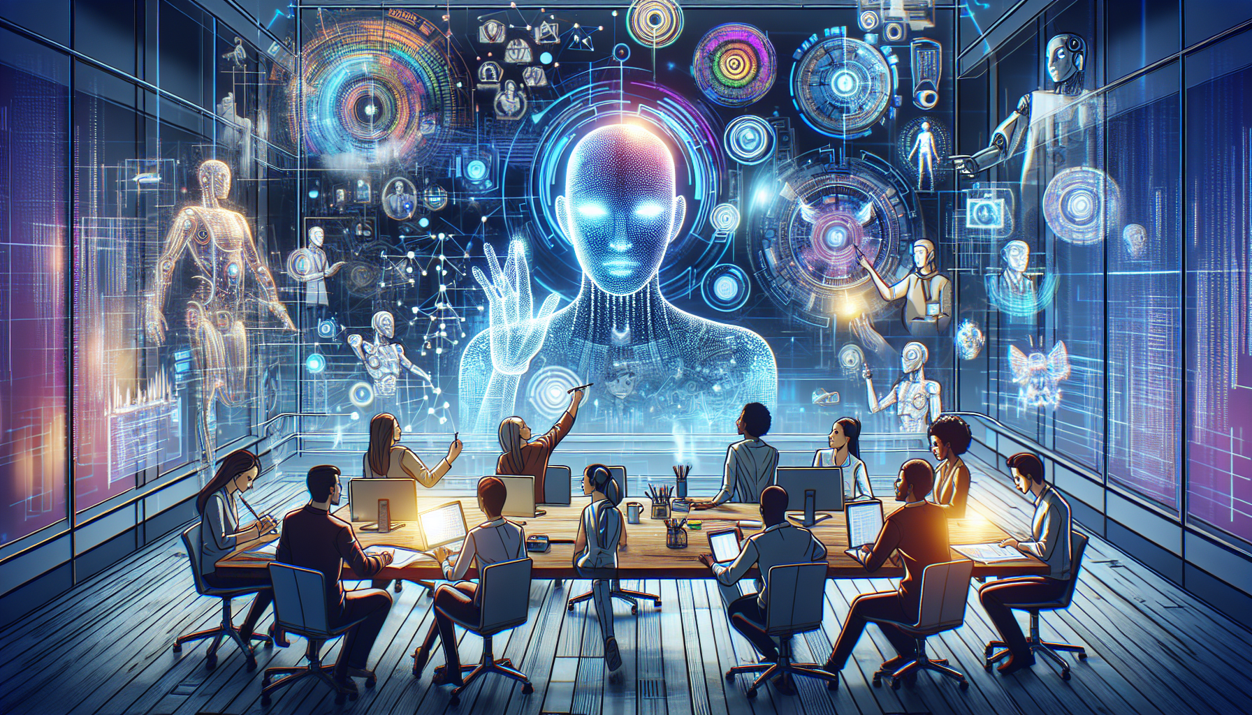 Create an illustration depicting AI algorithms and human screenwriters collaborating on a futuristic web series. Showcase a high-tech workspace where digital interfaces and holographic story elements