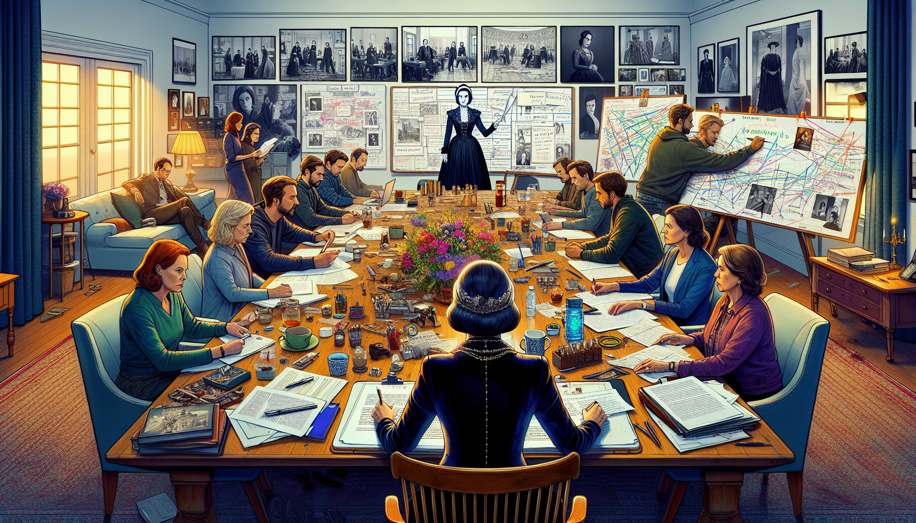 Create an image that depicts a cozy TV writer's room with a diverse team collaborating around a large table. Include Erica Lipez prominently, maybe at the head of the table, with a storyboard in front