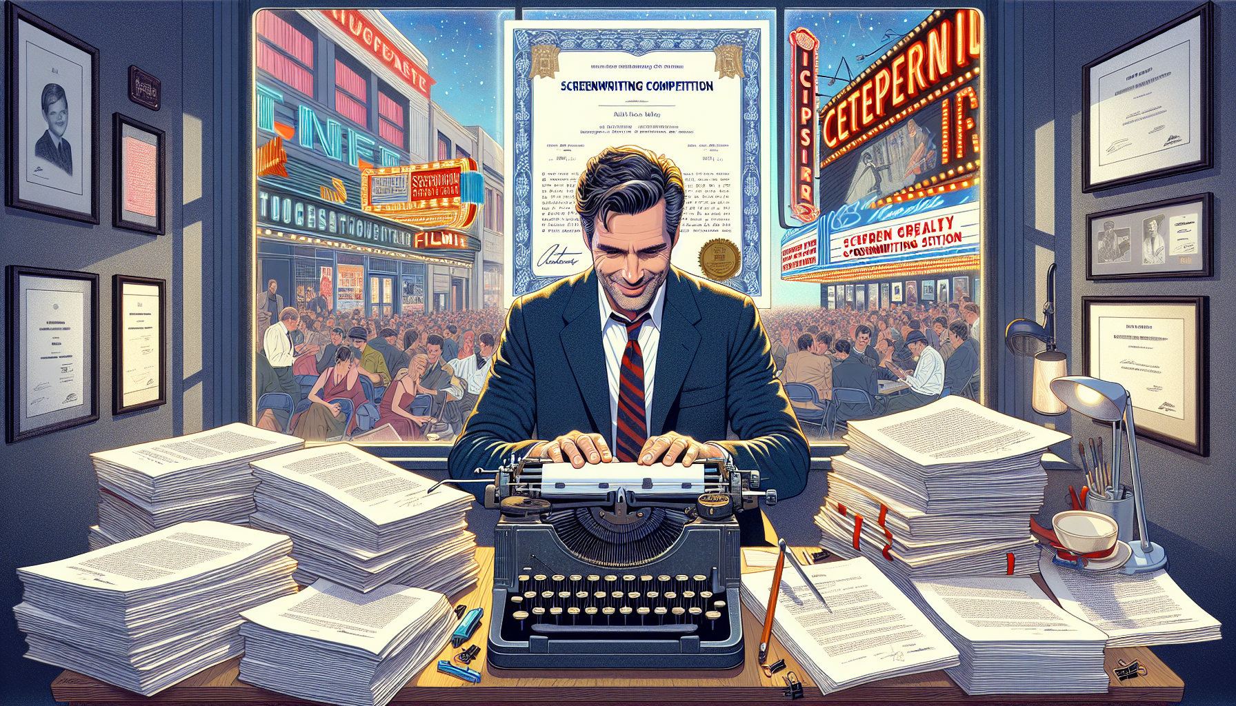 Create an image of Tennessee Martin passionately typing on a vintage typewriter, surrounded by stacks of completed screenplays. A certificate from ScreenCraft displayed on the wall, with a backdrop of