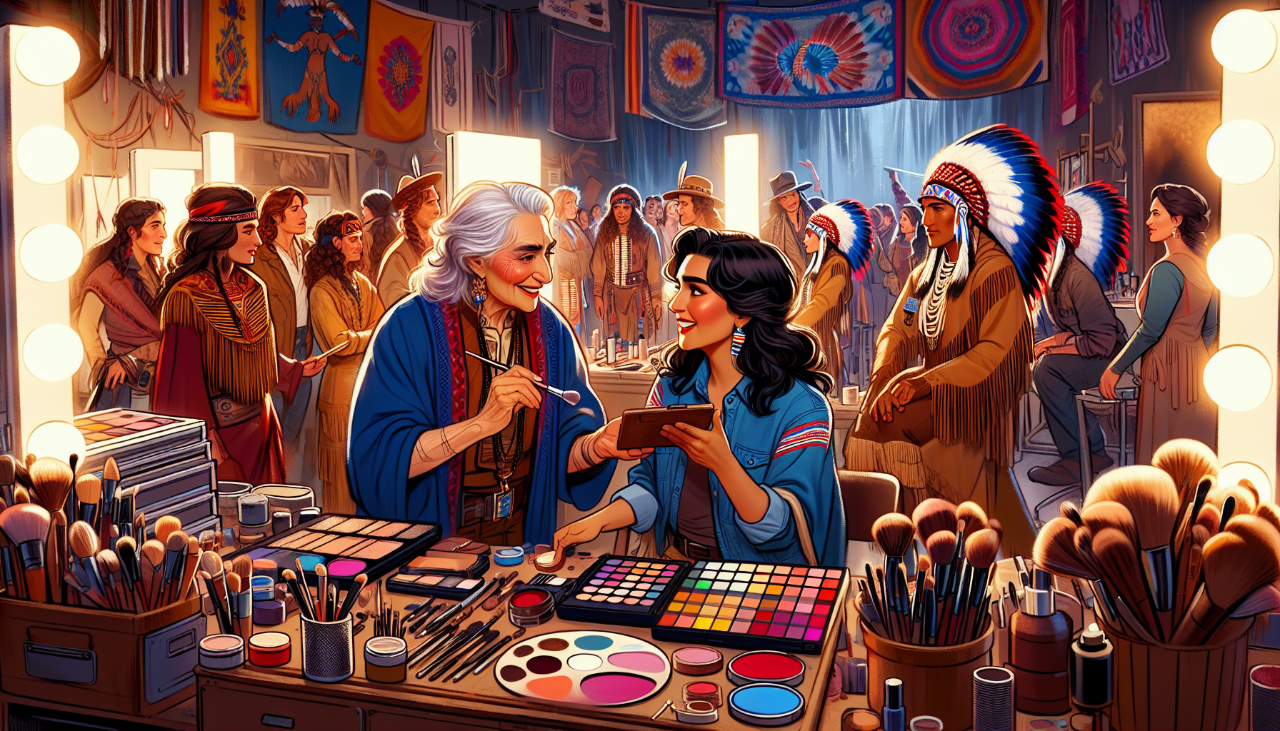 Create a detailed artwork showing a behind-the-scenes moment in a bustling makeup department on the set of 'Rez Dogs.' Capture the lead makeup artist mentoring an enthusiastic newcomer, sharing tools,