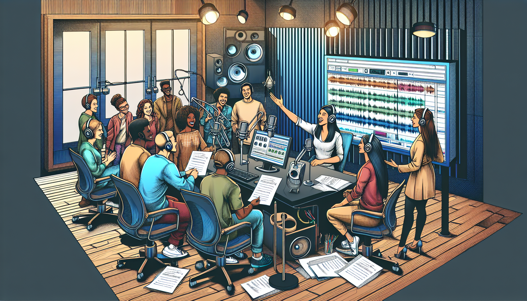 Create an image of a diverse group of people in a modern recording studio. Some are speaking into high-quality microphones, while others are gathered around a computer screen displaying audio editing