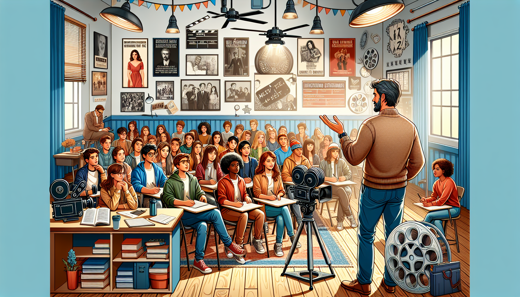 A heartwarming scene of a renowned filmmaker Jim Cummings standing in a cozy, well-lit classroom filled with eager students of diverse backgrounds, surrounded by film cameras, script pages, and produc