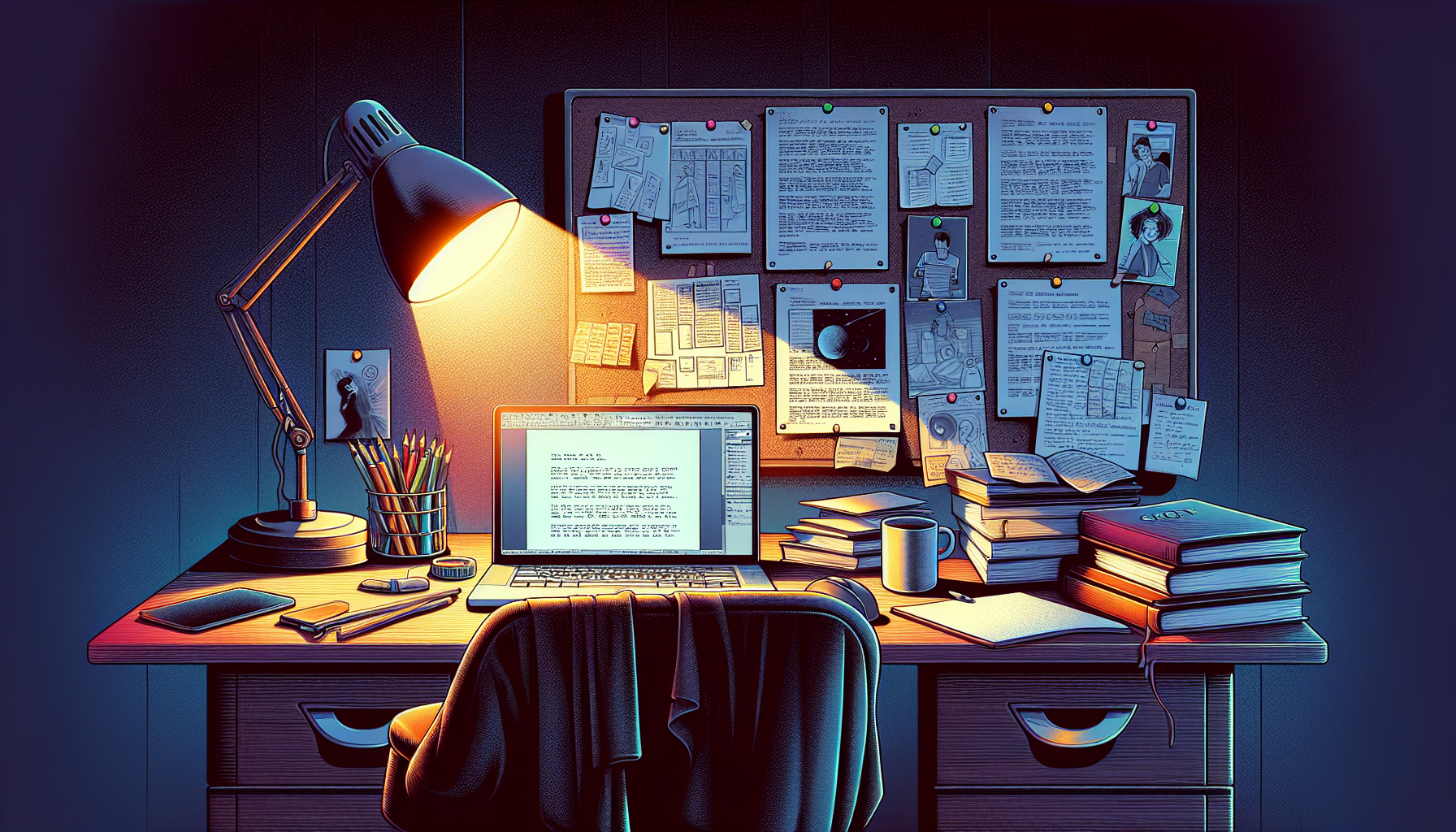 Create an image that illustrates the key elements of a screenplay. The scene should depict a cozy writer's desk at night with a laptop displaying a screenplay format on the screen. Surround the desk w