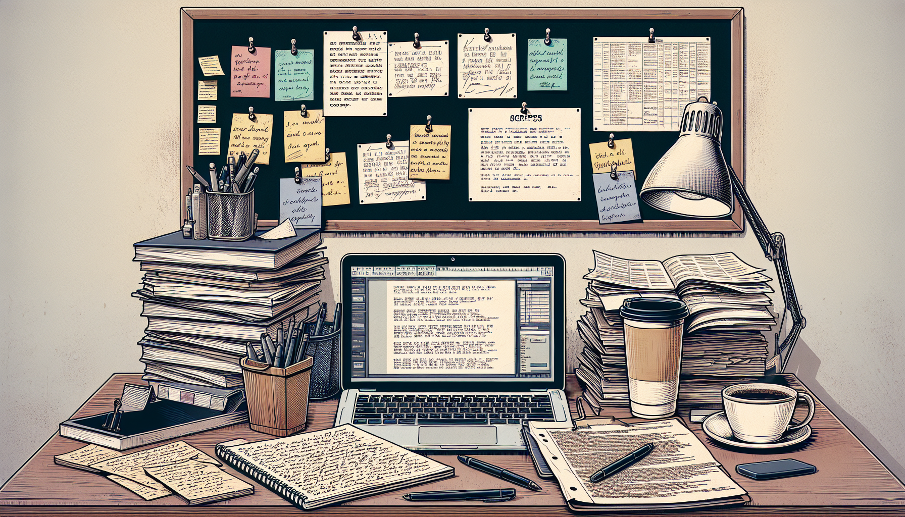 Create an illustration of a writer's desk filled with scriptwriting essentials: a laptop displaying scriptwriting software, stacks of scripts, notepads filled with handwritten notes, and a coffee cup. In the background, there is a bulletin board with pinned index cards outlining a storyline. The atmosphere should be creative and focused, capturing the essence of mastering the art of scriptwriting.
