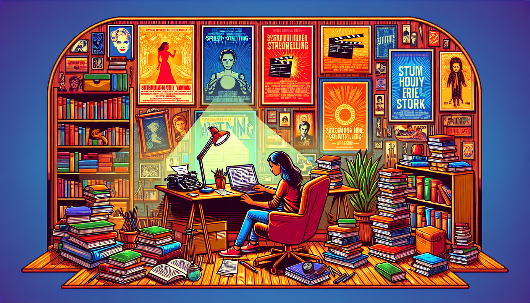 Create a detailed illustration of a cozy writer's room filled with scripts and film memorabilia. In the center, a screenwriter is intently typing on a laptop, surrounded by stacks of books on storytelling and movie posters from iconic films. The walls are adorned with motivational quotes about writing and storytelling. Light from a vintage desk lamp casts a warm glow, highlighting the creative energy in the room.