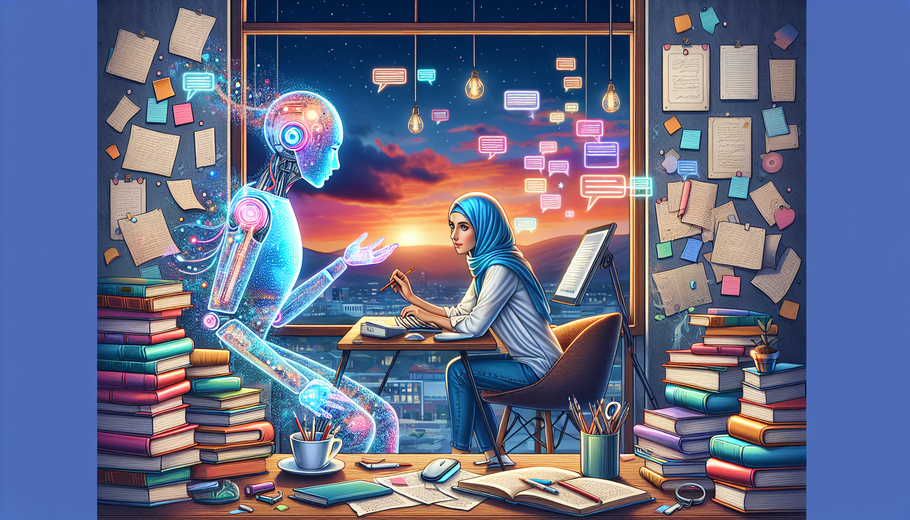 Create a detailed and vibrant illustration of a writer sitting at a desk, collaborating with a glowing, holographic AI assistant to craft dialogue on a computer. The setting is a cozy, modern study ro