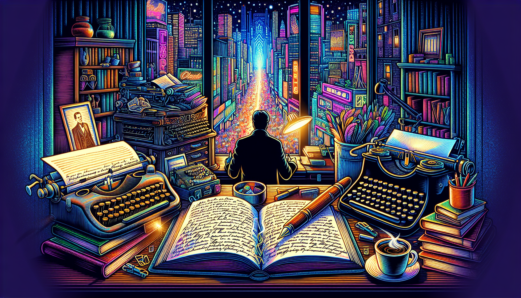 An artistically detailed writing desk set against a backdrop of a bustling, neon-lit cityscape at night. The desk is cluttered with typewriters, screenplay manuscripts, classic films on DVD, and a hot cup of coffee. In the foreground, an open notebook displays notes on 'Gotham screenwriting techniques', illuminated by a small desk lamp. The silhouette figure of a screenwriter, pen in hand, contemplates the urban scene outside a large window, drawing inspiration for a captivating urban tale.