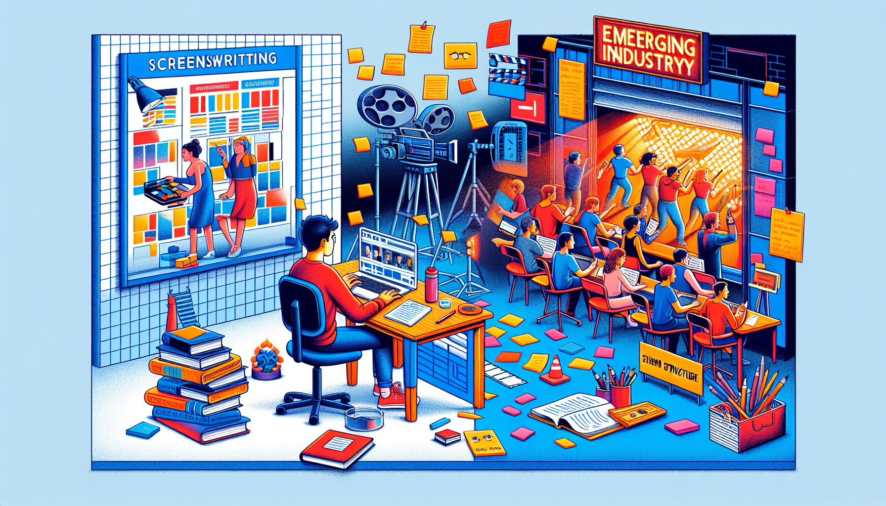 Create an image depicting the journey of mastering screenwriting: a creative writer at their desk surrounded by books on three-act structure, with storyboards and sticky notes covering the walls, evolving into a bustling film set where actors perform under bright lights and cameras. Include elements of industry trends such as a digital screen highlighting streaming platforms and a film festival banner in the background.