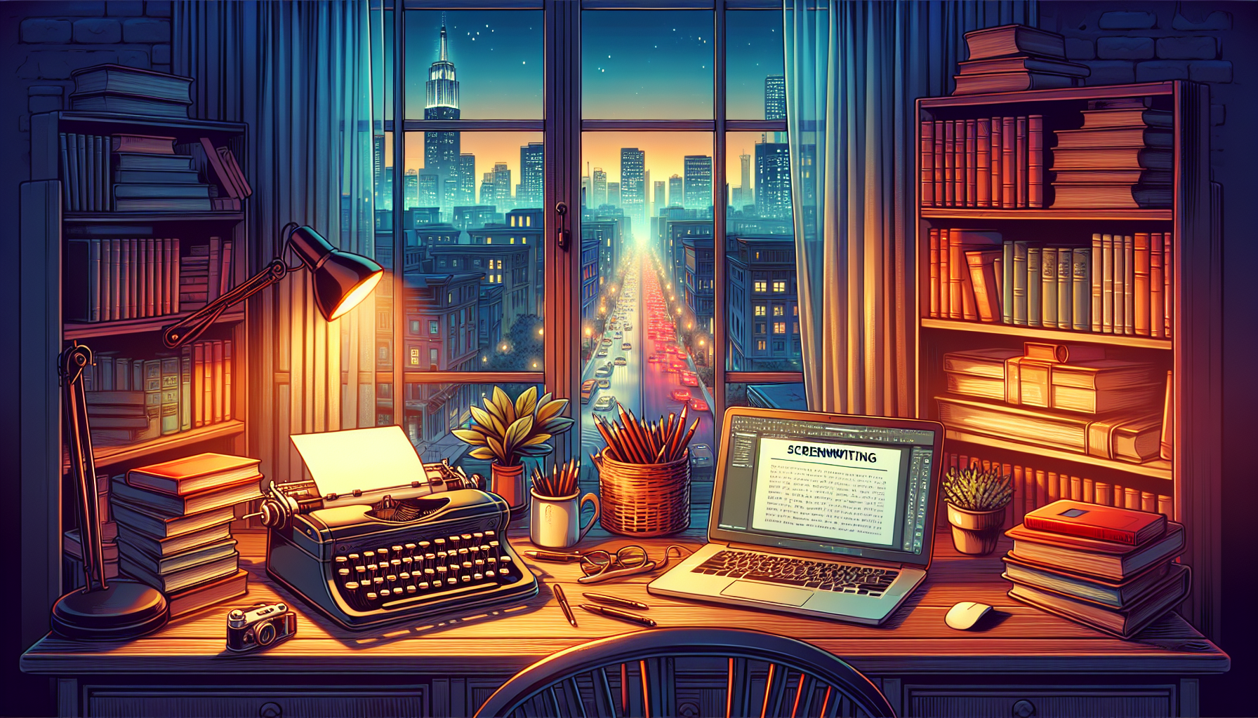 An inviting and cozy writer's nook equipped with a classic typewriter, stacks of screenwriting books, and a modern laptop displaying an online screenwriting tutorial. The room is softly lit, with a window overlooking a bustling cityscape at dusk, capturing the essence of inspiration and creativity for a screenwriter at work.