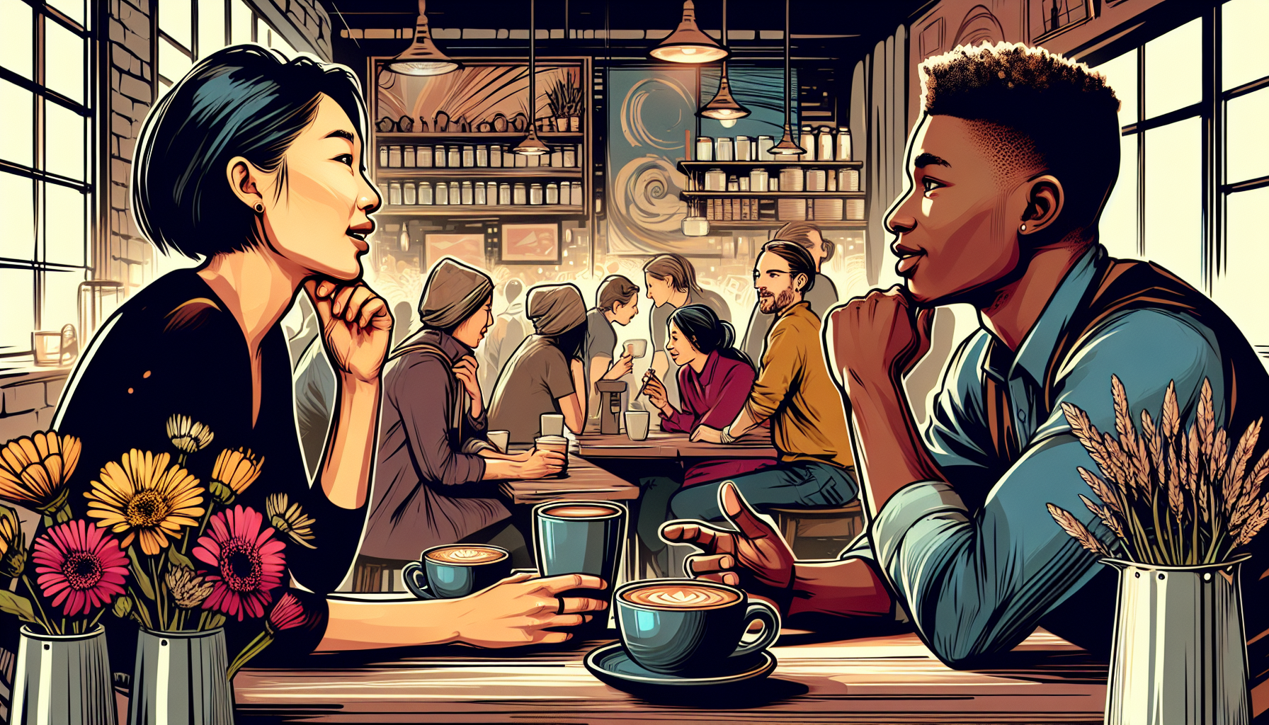 A vibrant scene of two characters deeply engaged in a conversation at a cozy coffee shop, with their expressions and body language vividly conveying emotion and connection. The background is filled wi