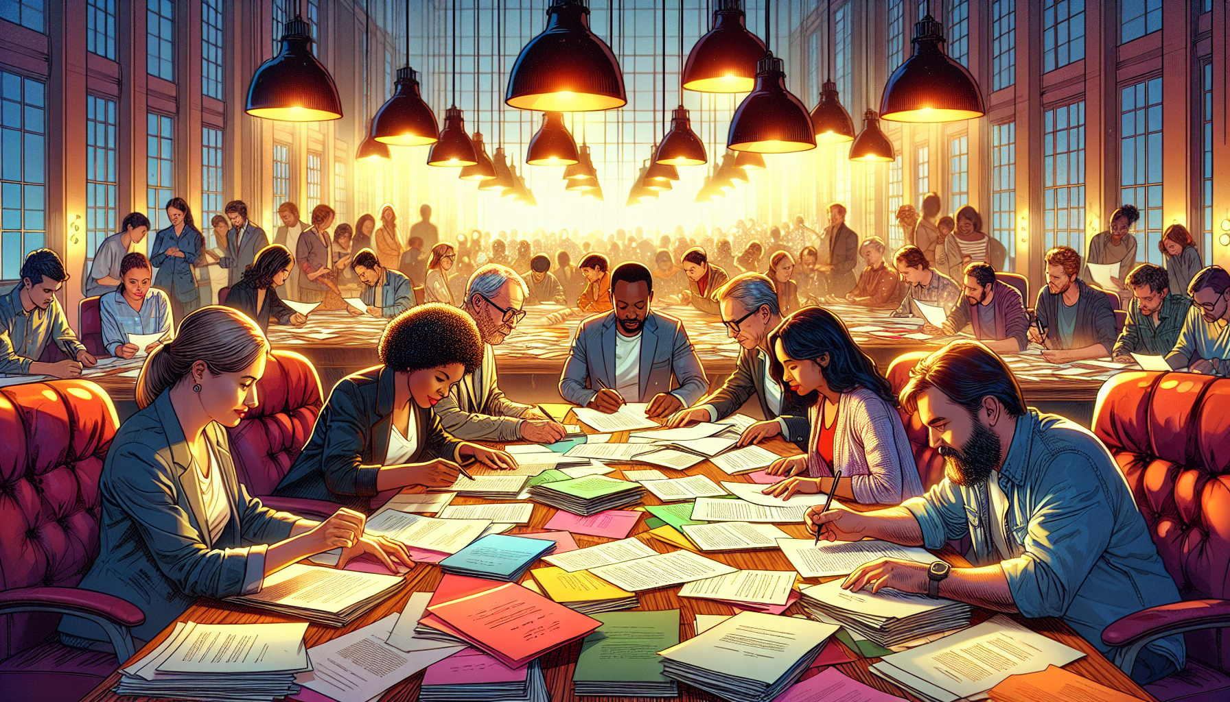 A bustling film production office with filmmakers reviewing various screenplay submissions, displayed as colorful, creative manuscripts scattered across a large wooden table, under warm, inviting lighting.