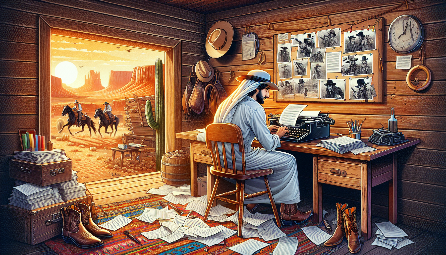 Create an image that depicts a writer in a rustic cabin, surrounded by elements of the Old West such as cowboy hats, spurred boots, and vintage typewriters. The writer is diligently working on a scree