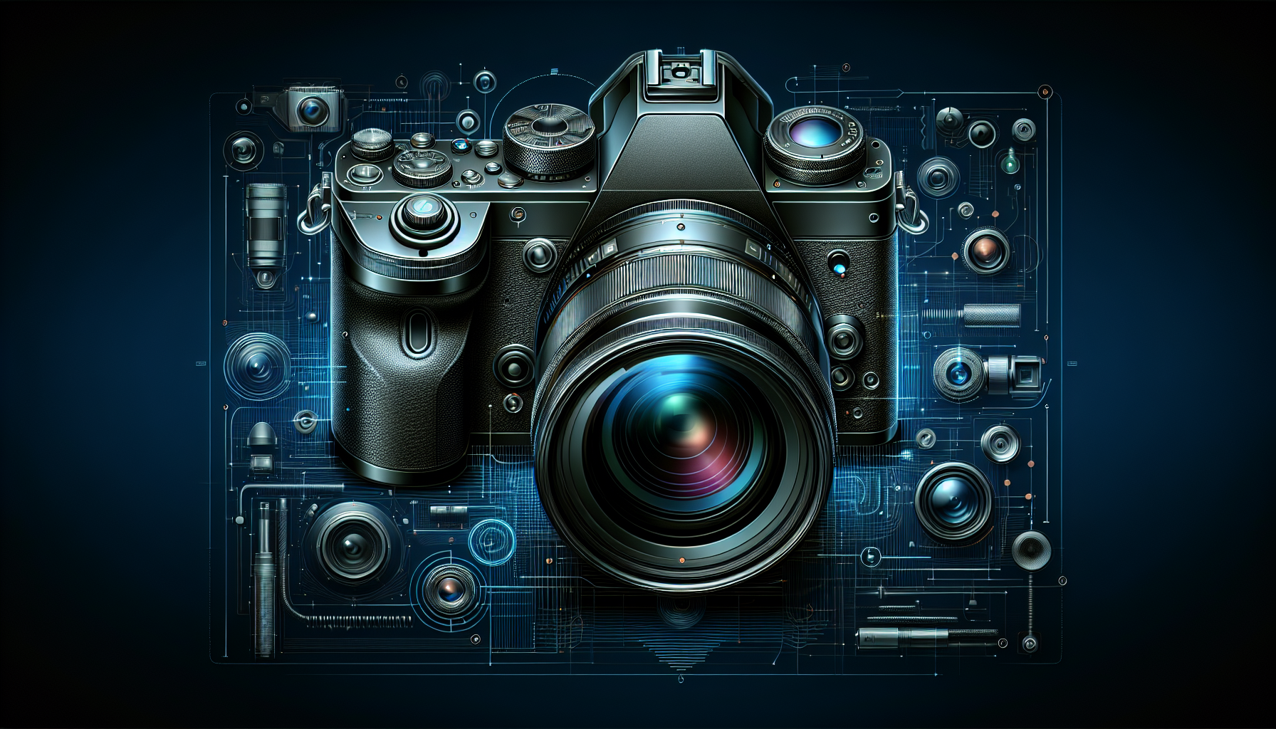 Create a detailed image of the latest Panasonic LUMIX GH7 camera, highlighting its advanced features and sleek design. The background should showcase a blend of modern and traditional photography sett