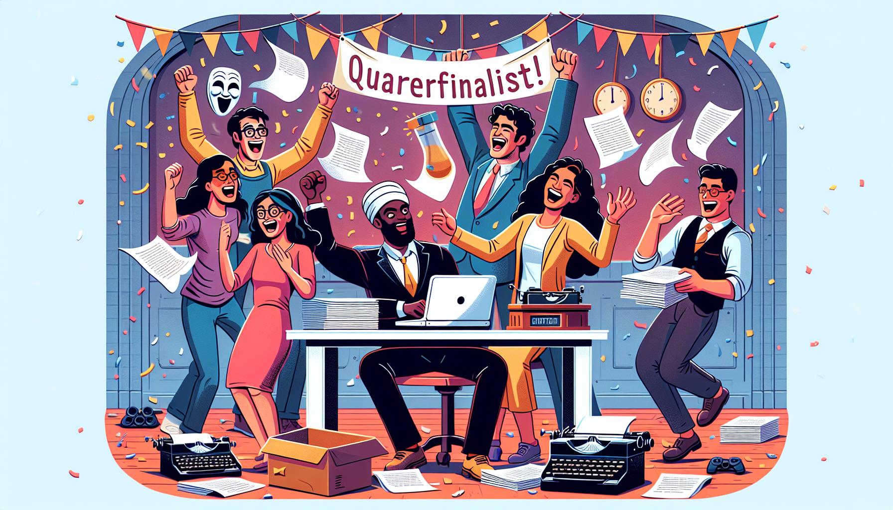 Create an image of excited comedy writers celebrating their quarterfinalist status in the 2024 ScreenCraft Comedy Competition. Show diverse individuals with beaming faces, some holding scripts, others