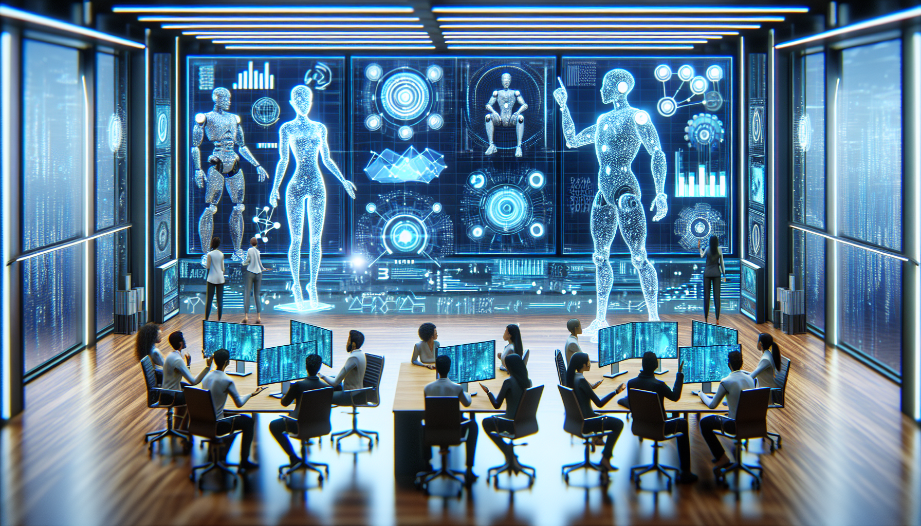 Create an illustration of a futuristic, high-tech office where advanced AI systems are analyzing film scripts. The scene should feature holographic screens displaying complex data, algorithms, and scr