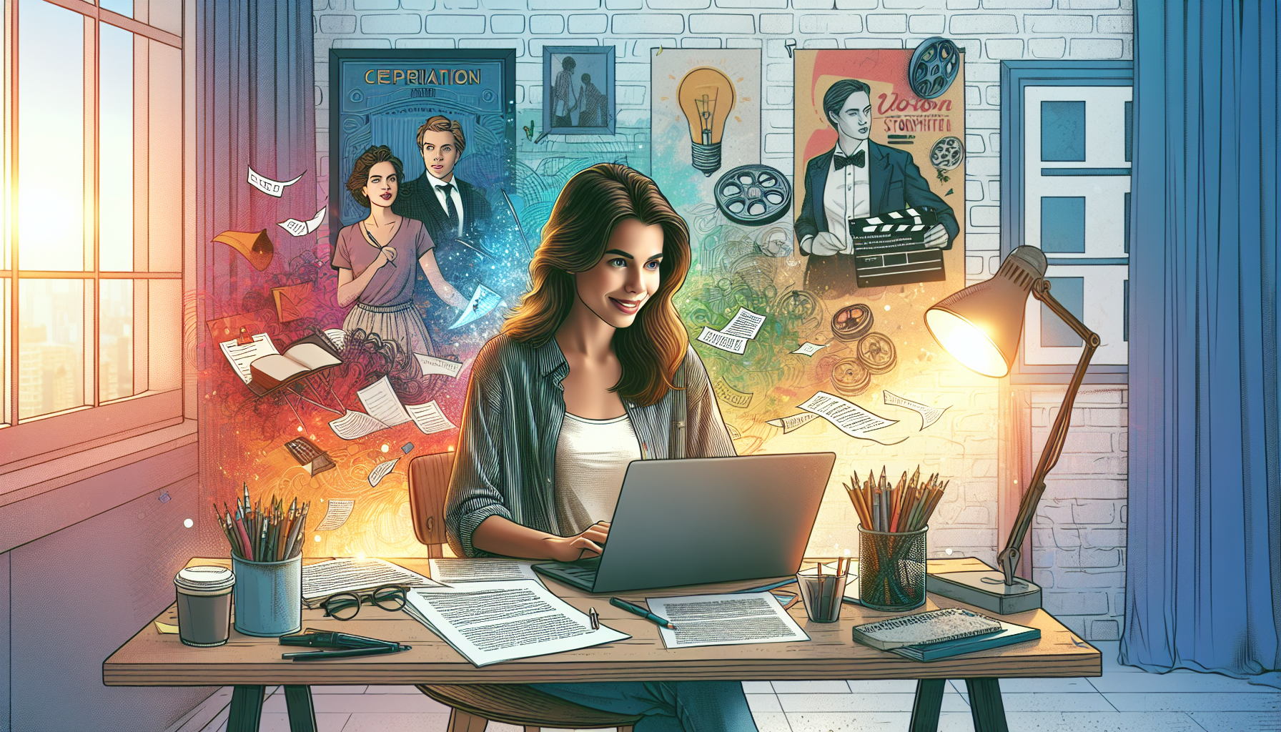 Create an engaging and vibrant illustration of a young, enthusiastic screenwriter sitting at a desk cluttered with scripts, notes, and a laptop. The background features motivational movie posters and a storyboard pinned to the wall. The room is bathed in warm light, creating a cozy atmosphere that inspires creativity.