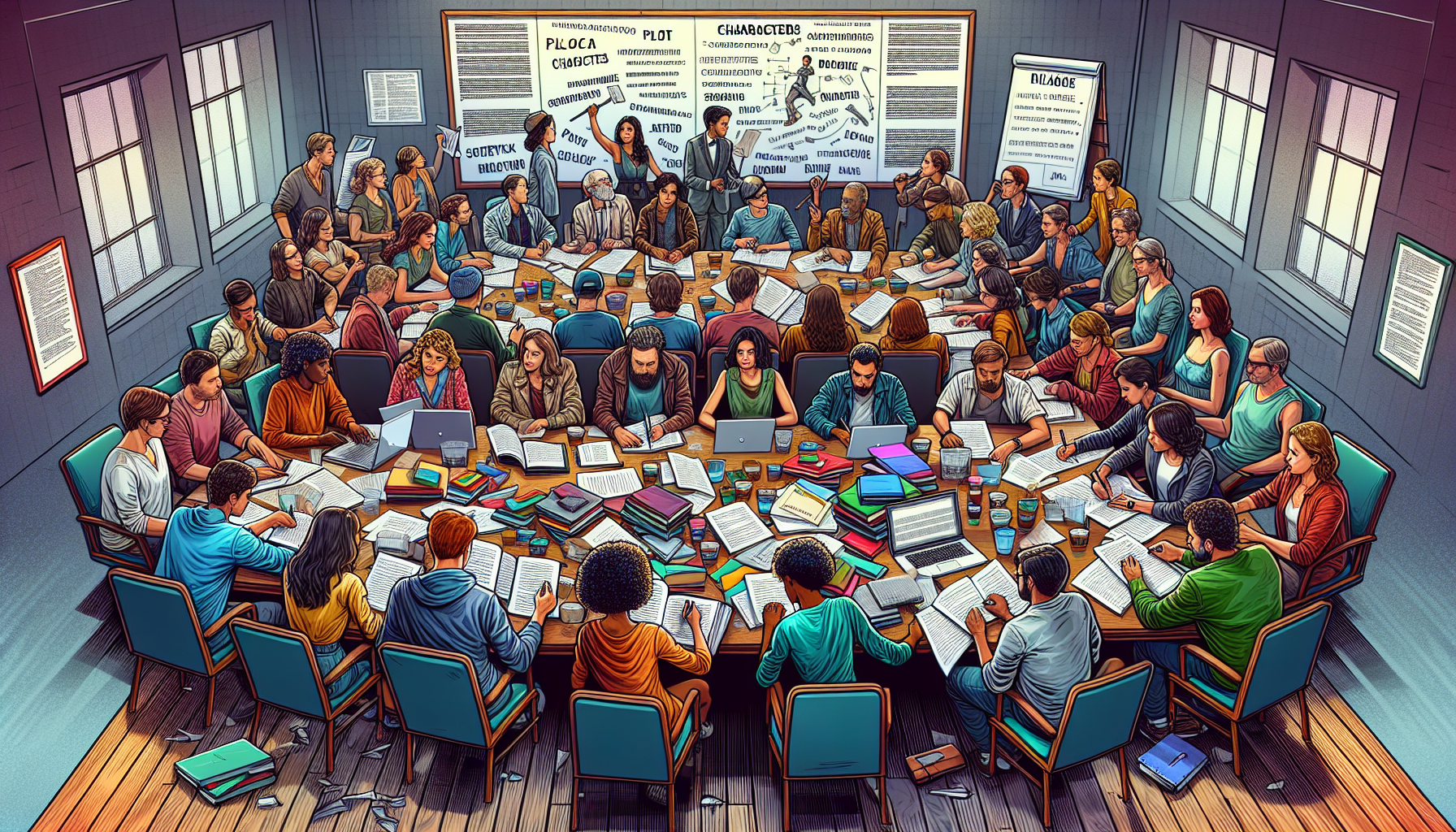 An artful image showcasing a diverse group of aspiring screenwriters, gathered around a large table cluttered with notebooks, laptops, and screenplay drafts. Some students are actively writing, while others are engaged in deep discussion. The setting is a modern classroom with a whiteboard displaying key screenplay elements like 'plot,' 'characters,' and 'dialogue.' The atmosphere should convey enthusiasm, creativity, and collaboration.