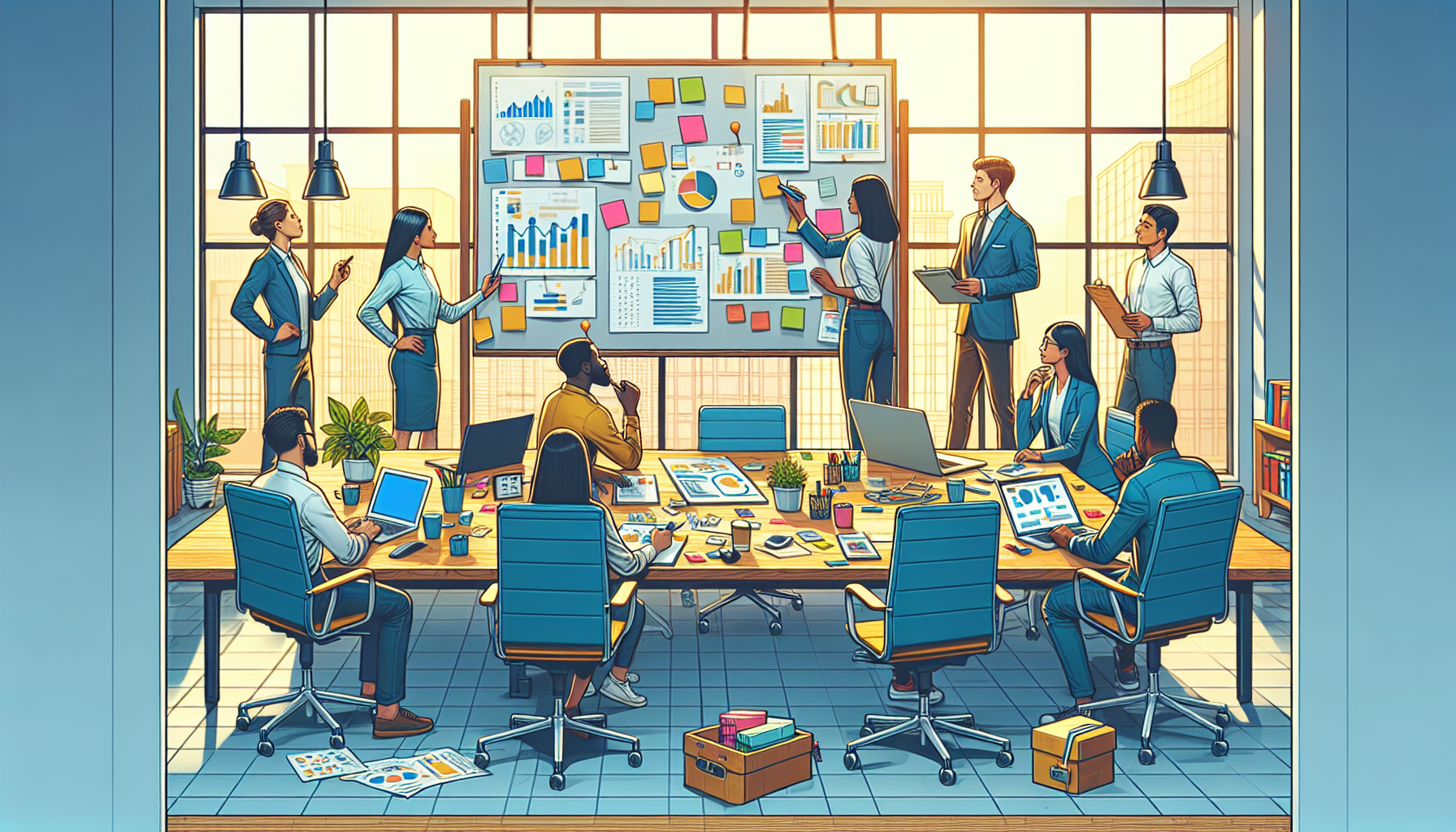 A well-organized workspace with a variety of project management tools and materials laid out on a desk. In the background, a diverse team of people are engaged in a brainstorming session, suggesting i