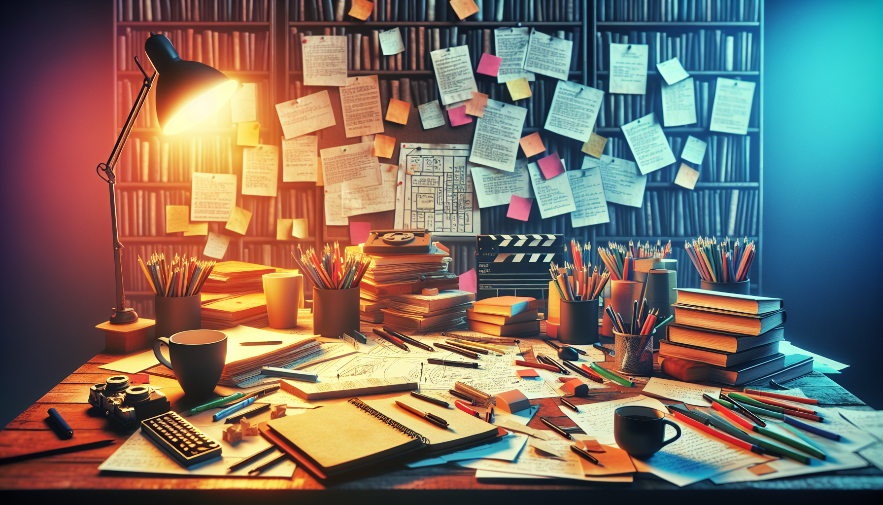 Create an image of a writer's desk cluttered with notepads, pens, and coffee cups, illuminated by a warm desk lamp. Papers with handwritten notes and a storyboard outline are scattered around, showcasing the intricate process of screenwriting. The background shows shelves filled with classic film scripts and a movie poster, celebrating the art and craft of storytelling in cinema.