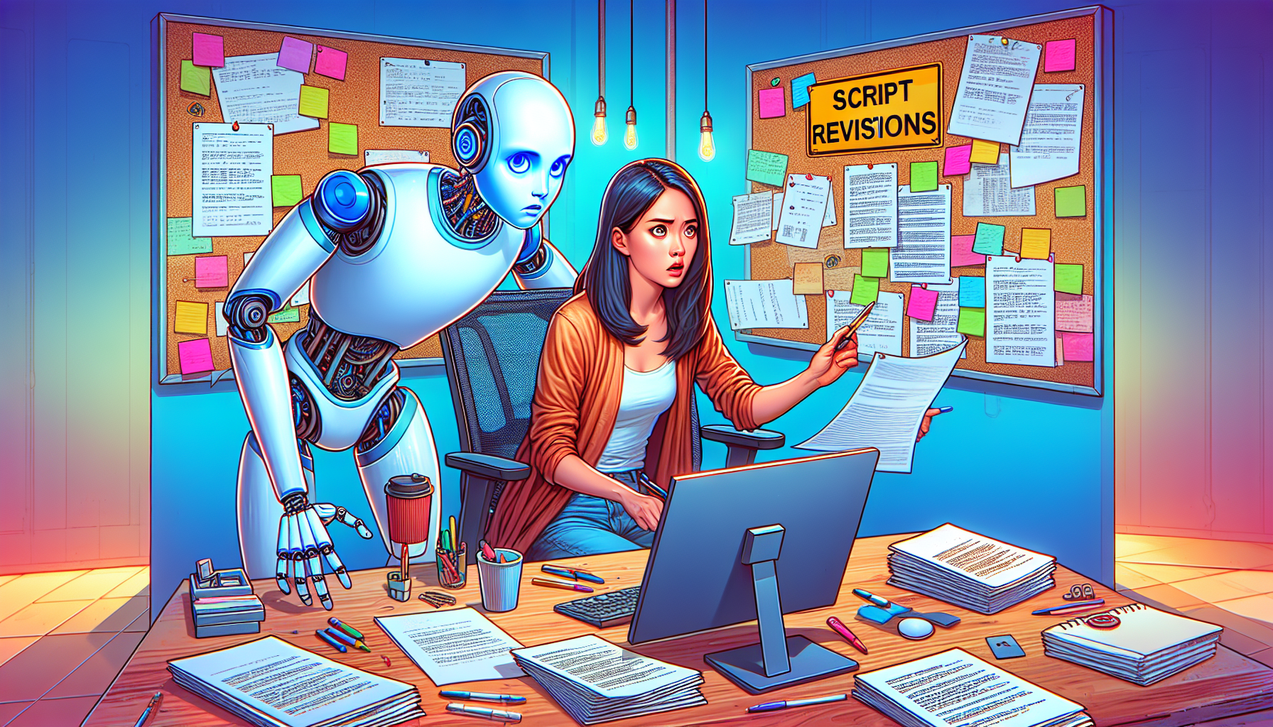 A picturesque office setting where a humanoid robot and a human screenwriter are working side by side, surrounded by scattered scripts and storyboard sketches. The robot seems confused or frustrated,