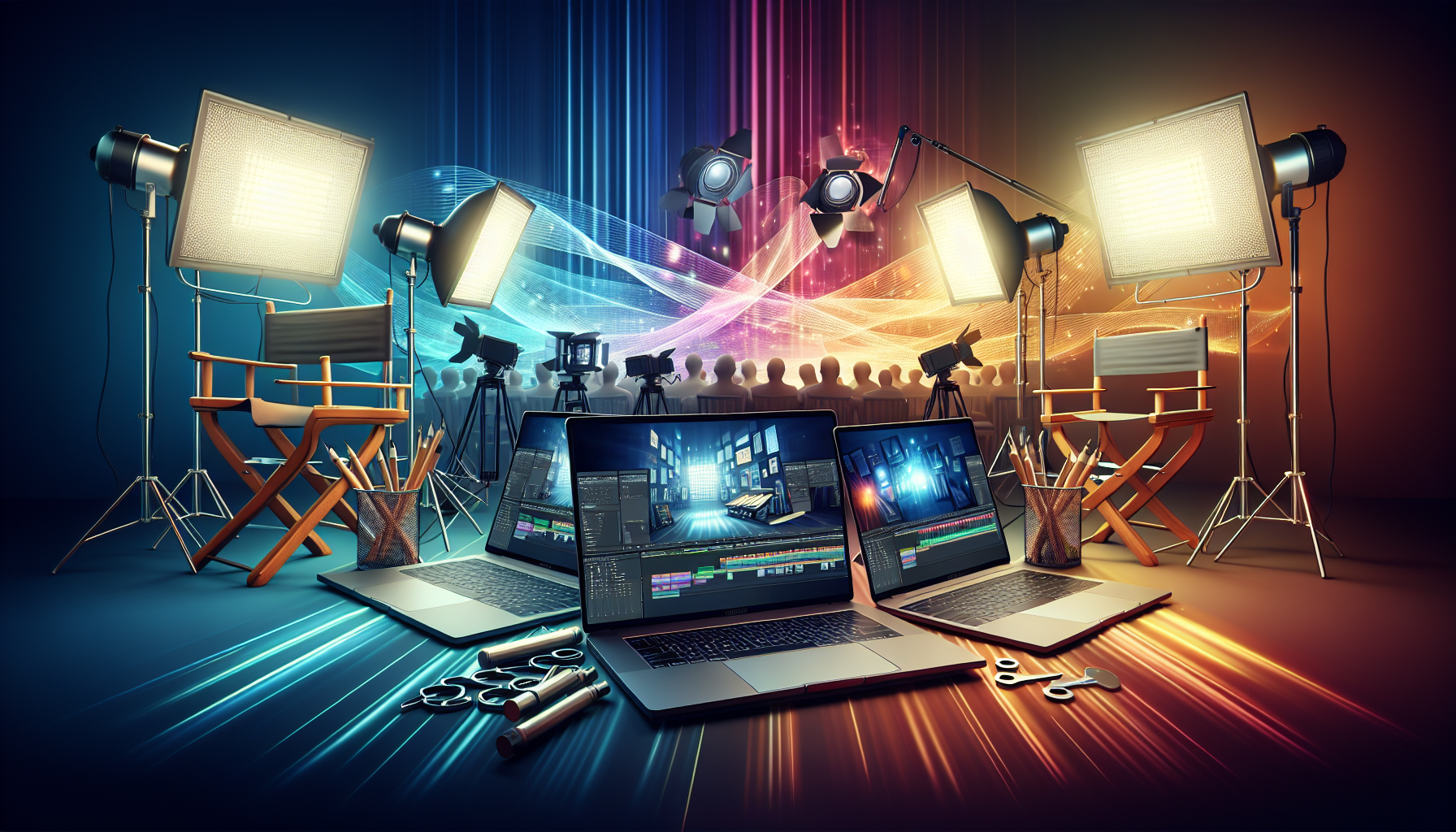 Create an image depicting three sleek and modern M3 Apple MacBooks set on a professional film or photo shoot set. The scene shows behind-the-camera activities with lighting equipment, tripods, and a d