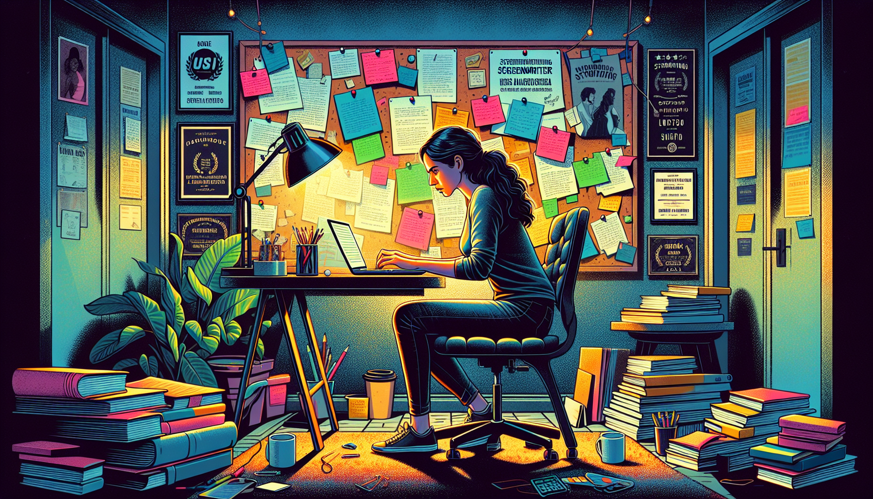 An image of a passionate screenwriter in a cozy, dimly-lit room filled with inspiration—a corkboard covered in colorful notes, storyboards, and character sketches. The screenwriter is seen typing inte