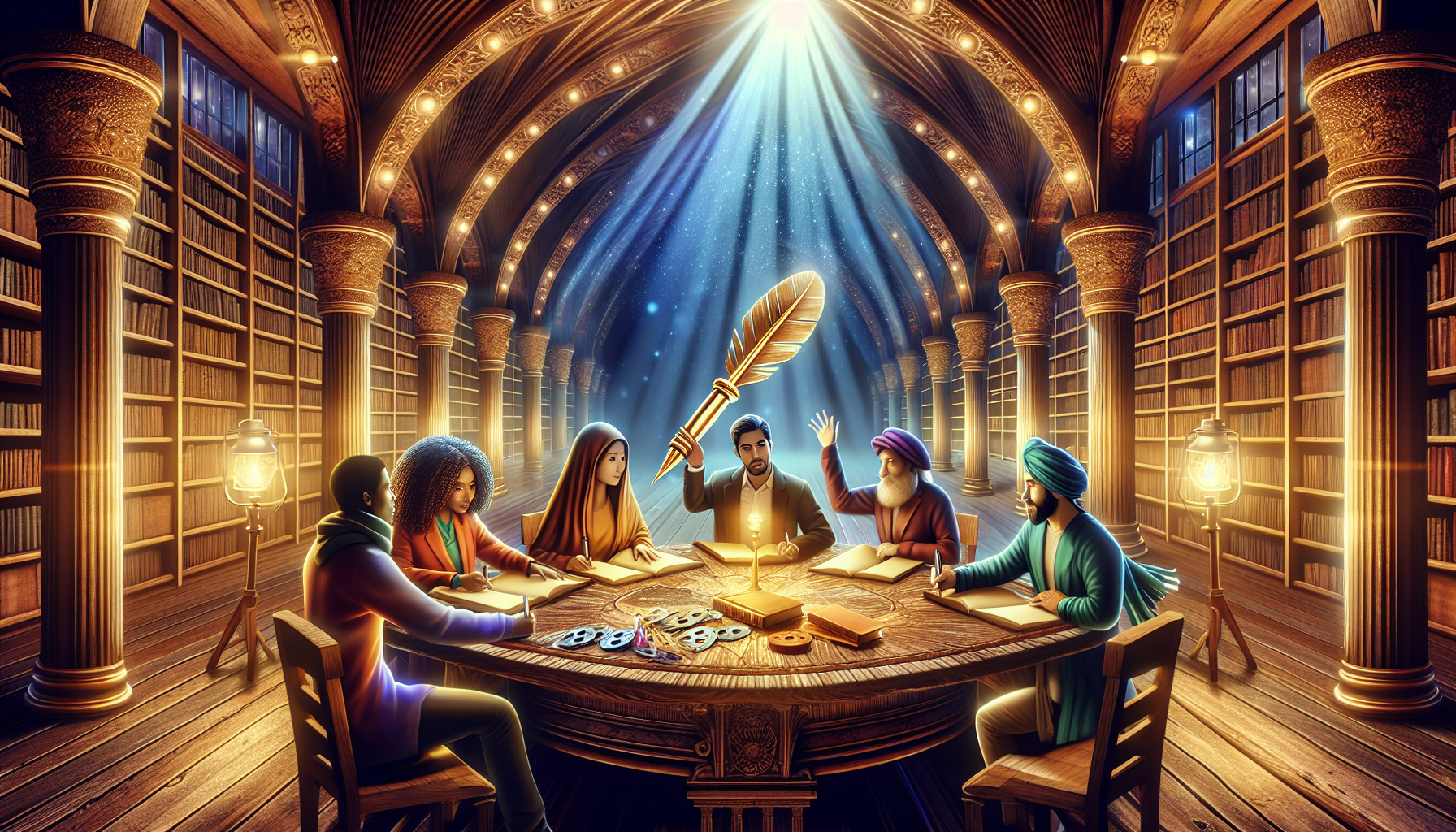 An artistic image of diverse screenwriters gathered around a large, ancient oak table, each holding a shining golden pen, fervently discussing and sharing their story ideas under a mystical spotlight in a grand library filled with vintage books and film reels, symbolizing top screenplay contests in 2023.