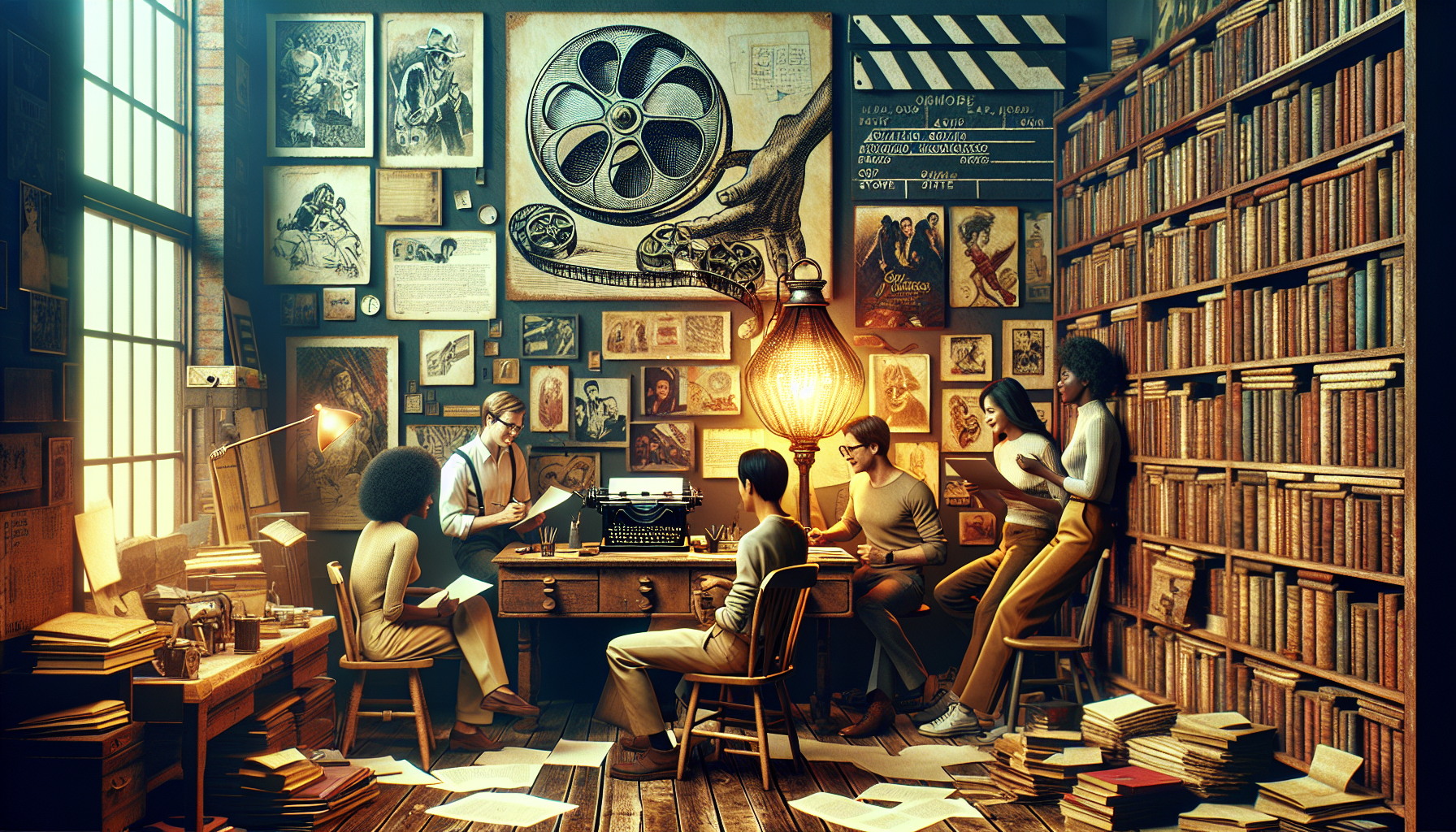 Visualize a cozy, inviting writer's study filled with vintage books, a wooden desk and a typewriter, scattered manuscripts, and a glowing desk lamp, as a diverse group of people gather around, enthusiastically discussing and brainstorming film scripts; the room has posters of iconic films on the walls, offering a backdrop of inspiration.