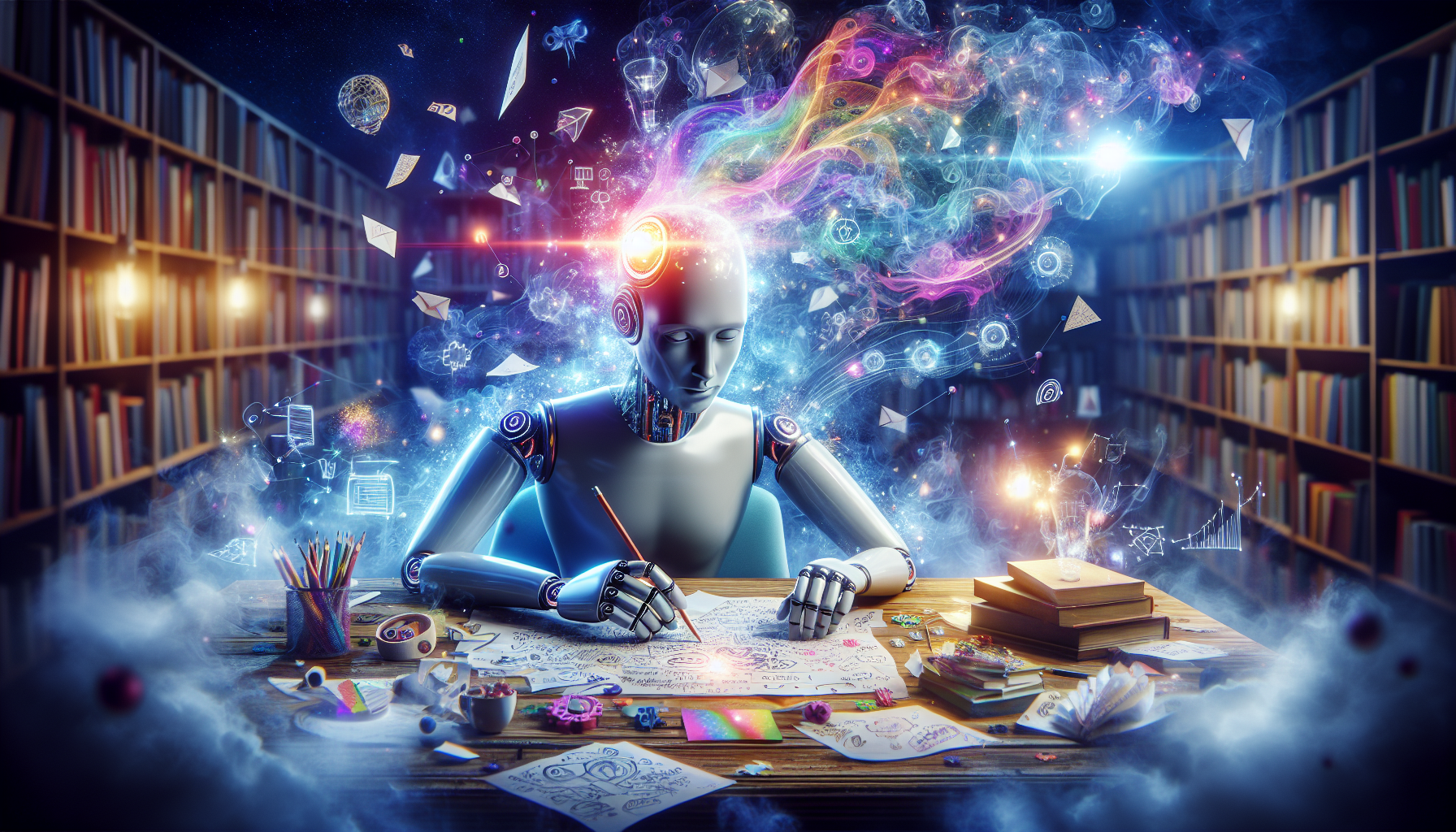 Prompt for DALL-E: An imaginative scene where a humanoid AI with a glowing head is sitting at a table covered in scattered notes and sketches, 'connecting the dots' between various creative elements t