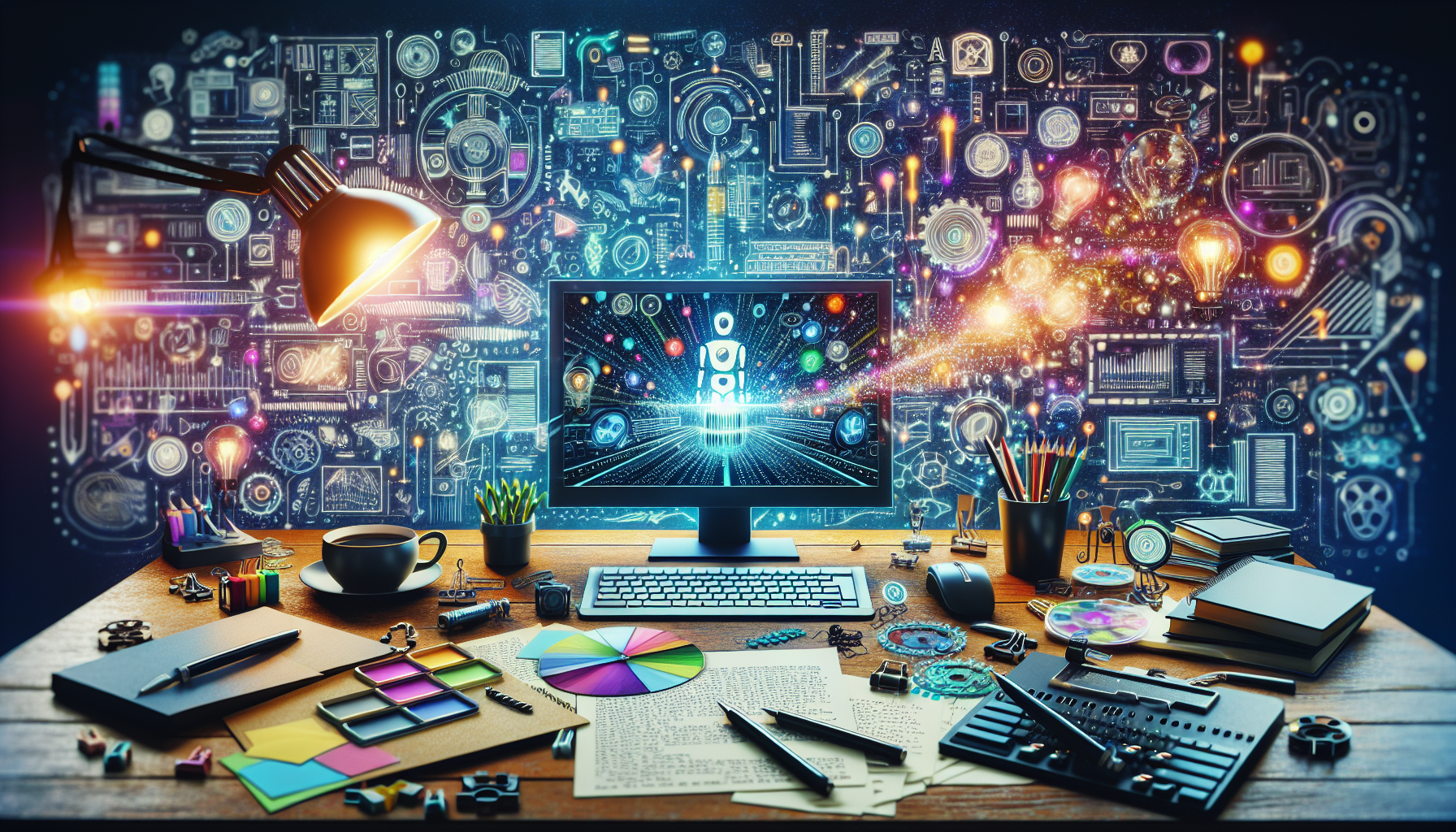 Create an image that illustrates the integration of artificial intelligence in the screenwriting process: Show a writer's desk with a computer screen displaying a sophisticated AI program generating a