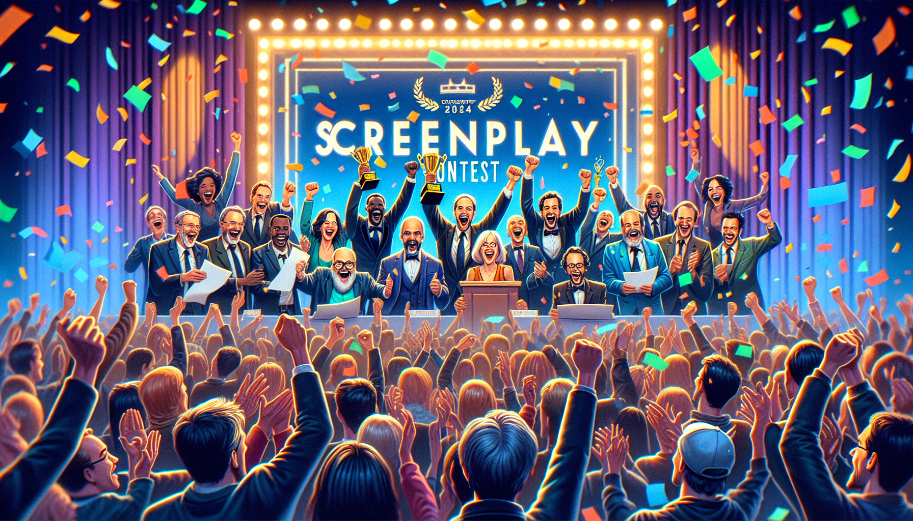 Create an image capturing the moment when the winners of the 2024 TSL Free Screenplay Contest are announced. Show excited and jubilant writers celebrating their victory on a stage, holding trophies or