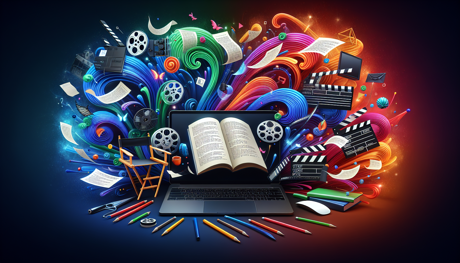 Here's a DALL-E prompt for an image related to the article about Celtx and screenwriting:nnA stylized digital illustration of a modern laptop screen displaying a screenplay format, with creative writing tools and film elements floating around it. The laptop is surrounded by a swirling, dynamic flow of text and script pages, symbolizing the streamlined writing process. Include iconic movie symbols like a clapperboard, film reel, and director's chair in the background.