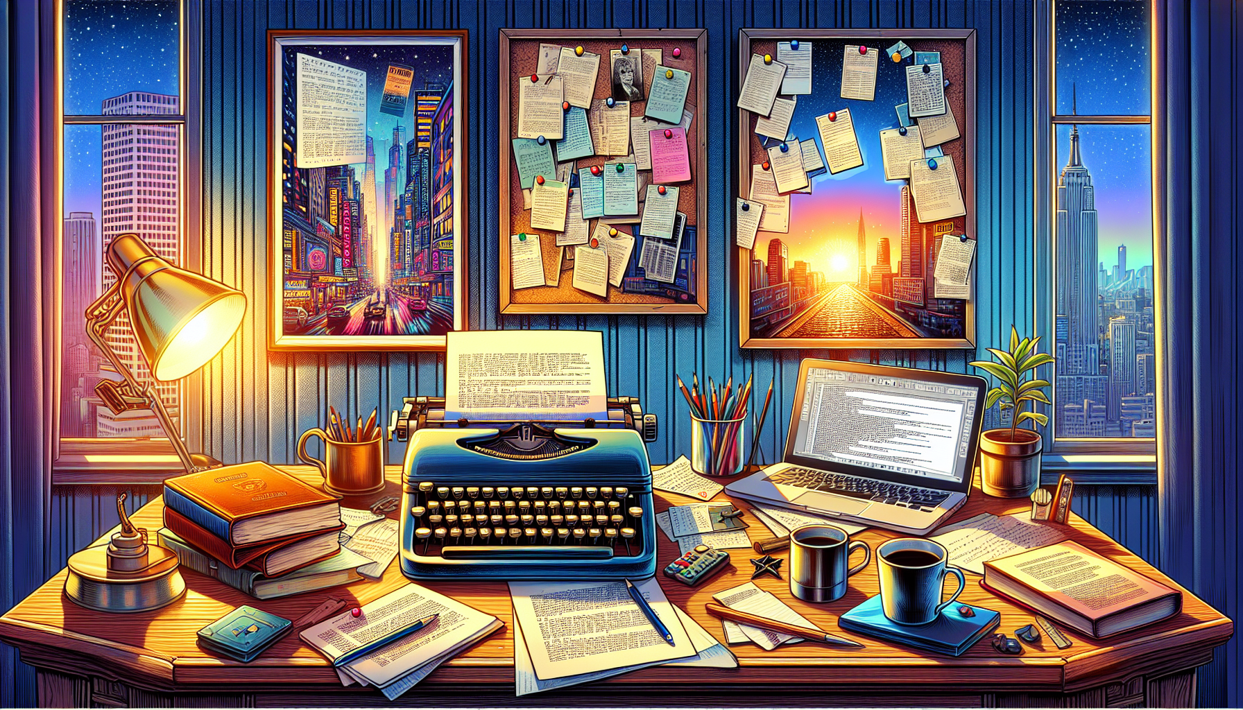 A well-lit vintage typewriter on a wooden desk cluttered with screenwriting books, coffee cups, and notes. Behind the desk, there's a corkboard filled with index cards, each detailing different scenes. A framed poster of a classic film is mounted on the wall, and a laptop screen displays an open screenplay software. The window beside the desk shows a sunlit cityscape, emphasizing the hustle and bustle of a creative city.